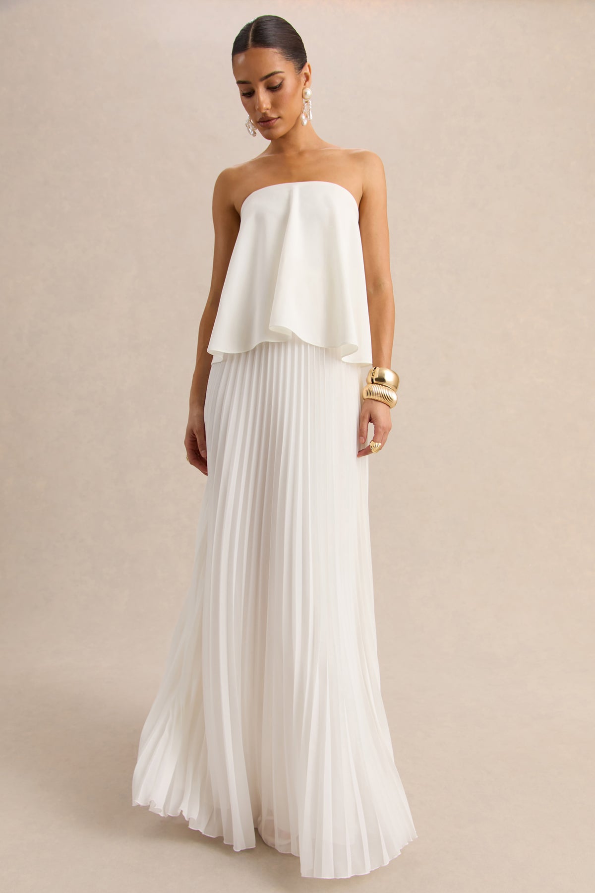 white pleated maxi dress Saralyn White Bandeau Maxi Dress With Pleated-Skirt – Club L London