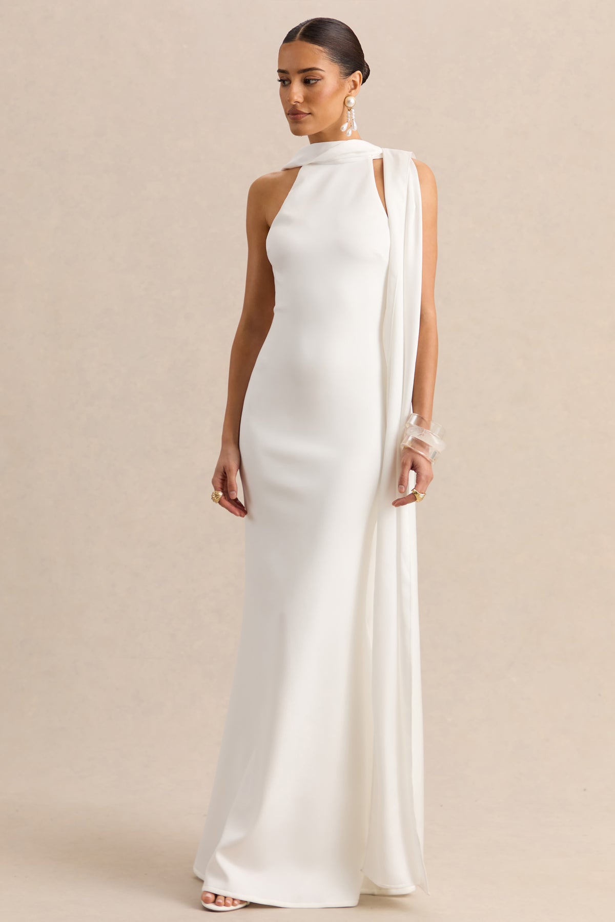 Vionette White High-Neck Maxi Dress With Scarf Club L London - USA Vionette White High-Neck Maxi Dress With Scarf Club L London - USA