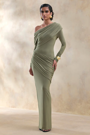 Mabli オリーブグリーンロンパース 2Y Rosirene | Olive Asymmetric-Neck Maxi Dress With Draped-Detailing