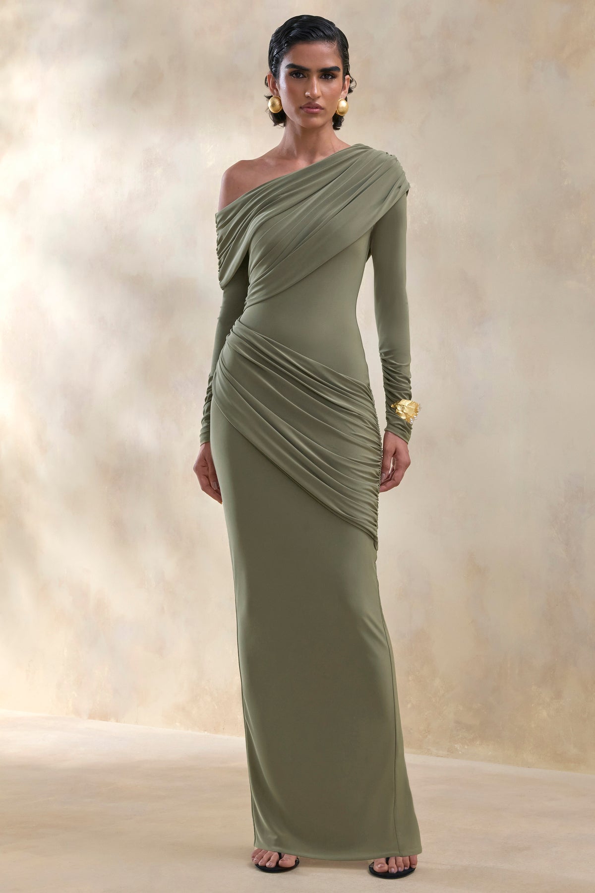 Rosirene Olive Asymmetric-Neck Maxi Dress With Draped-Detailing
