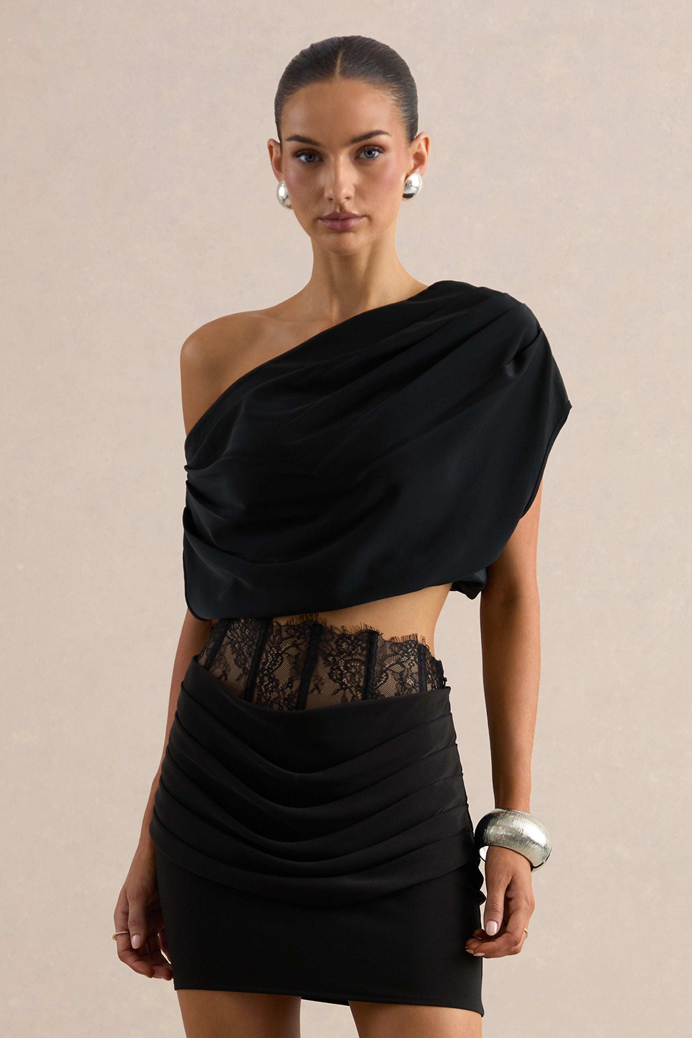 Yaselle | Black Satin Asymmetric-Neck Crop-Top – Club L London - USA