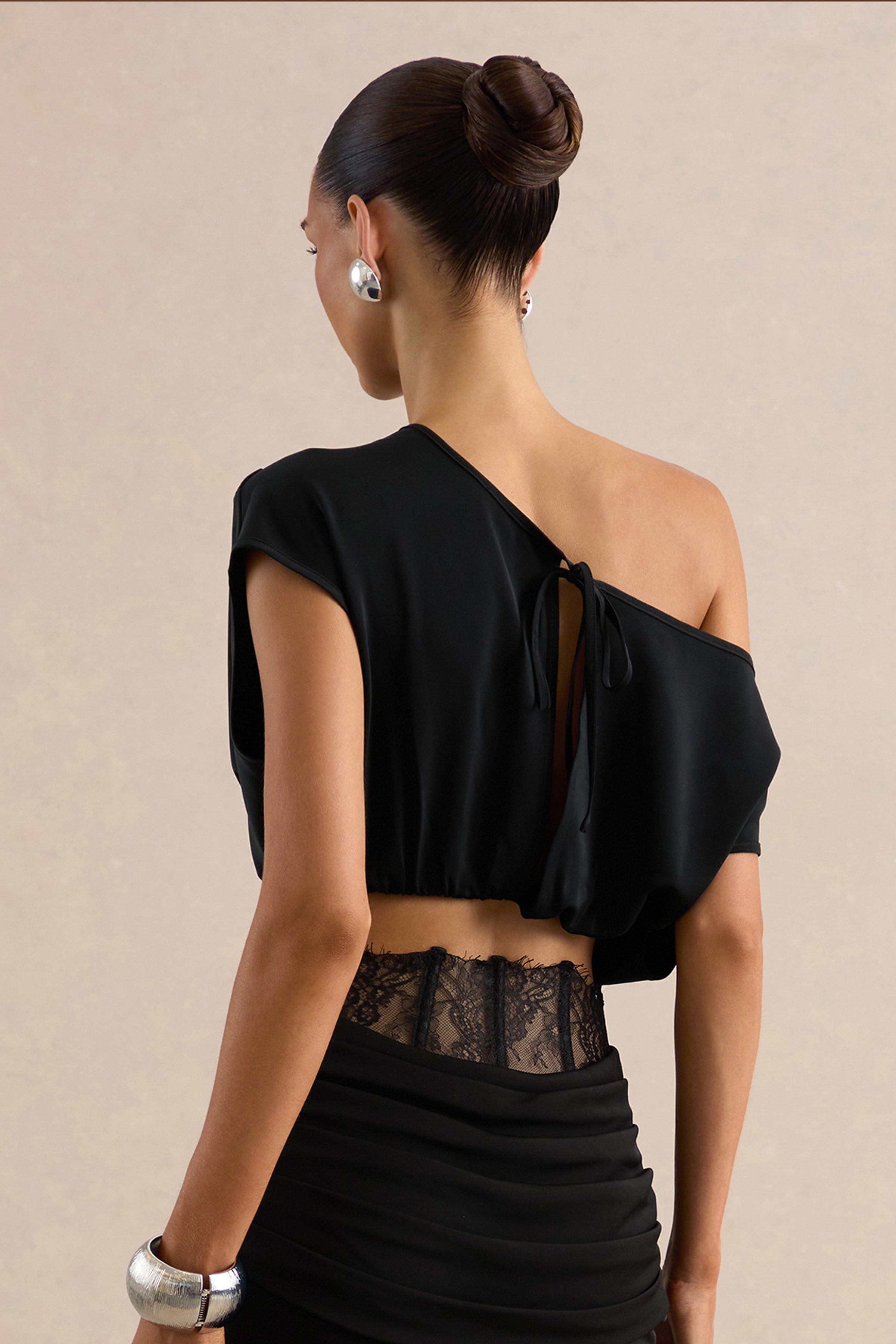 Yaselle | Black Satin Asymmetric-Neck Crop-Top – Club L London - USA