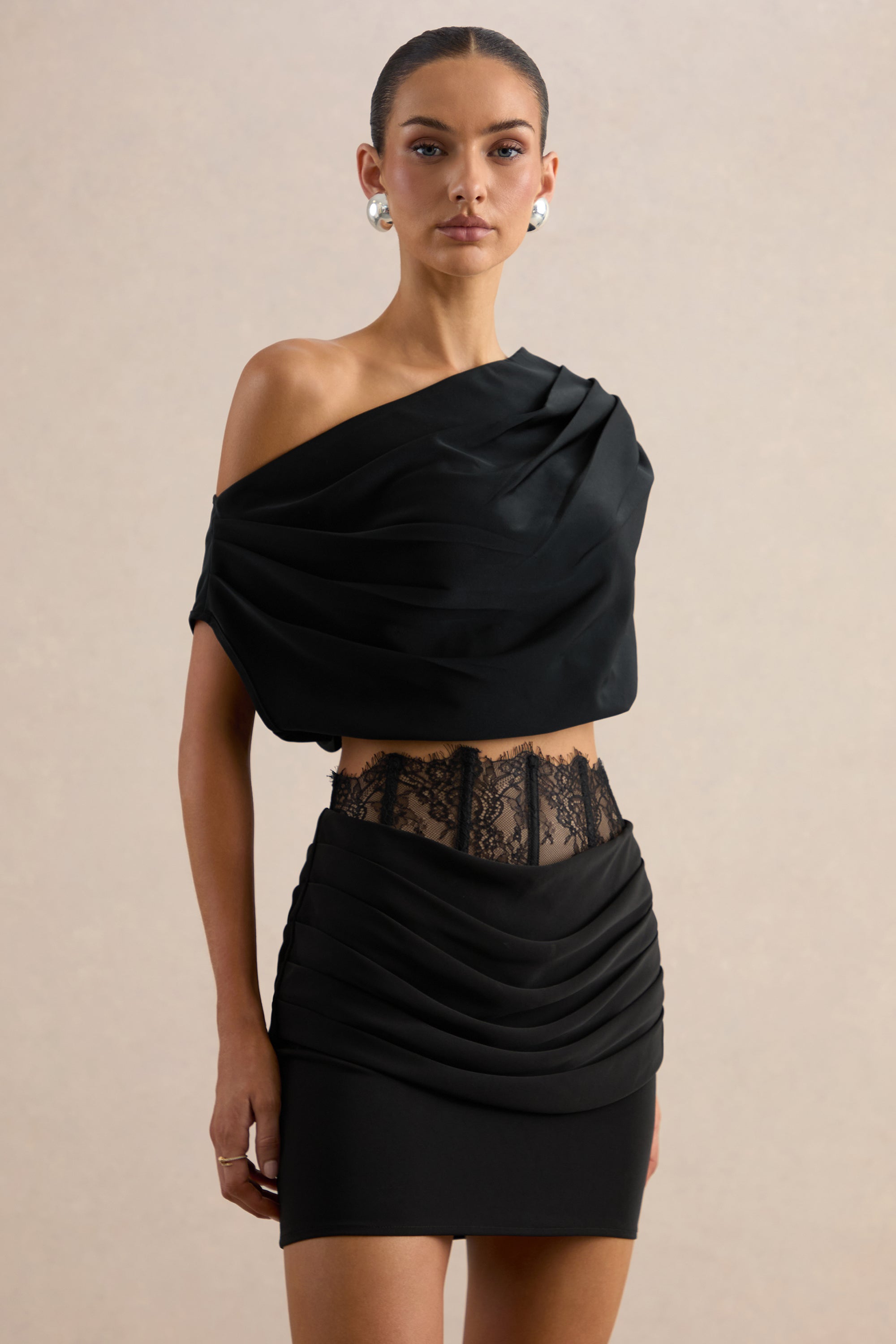 Yaselle | Black Satin Asymmetric-Neck Crop-Top