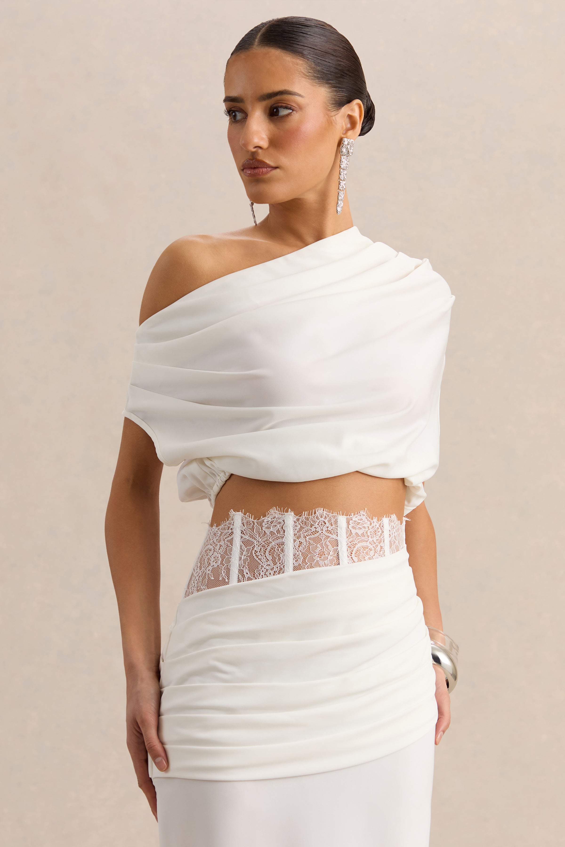 Yaselle | White Satin Asymmetric-Neck Crop-Top – Club L London - USA