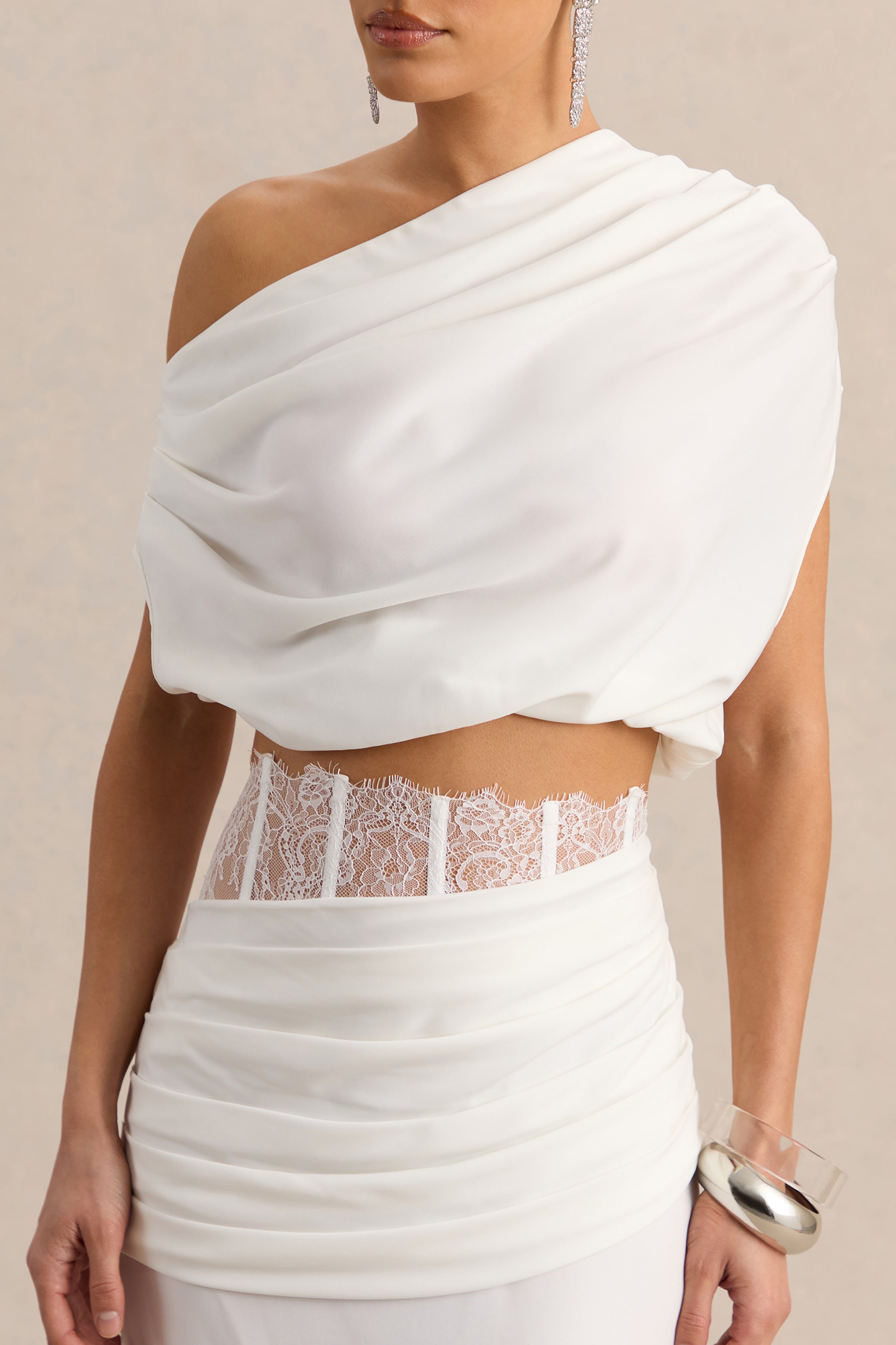 Yaselle | White Satin Asymmetric-Neck Crop-Top – Club L London - USA