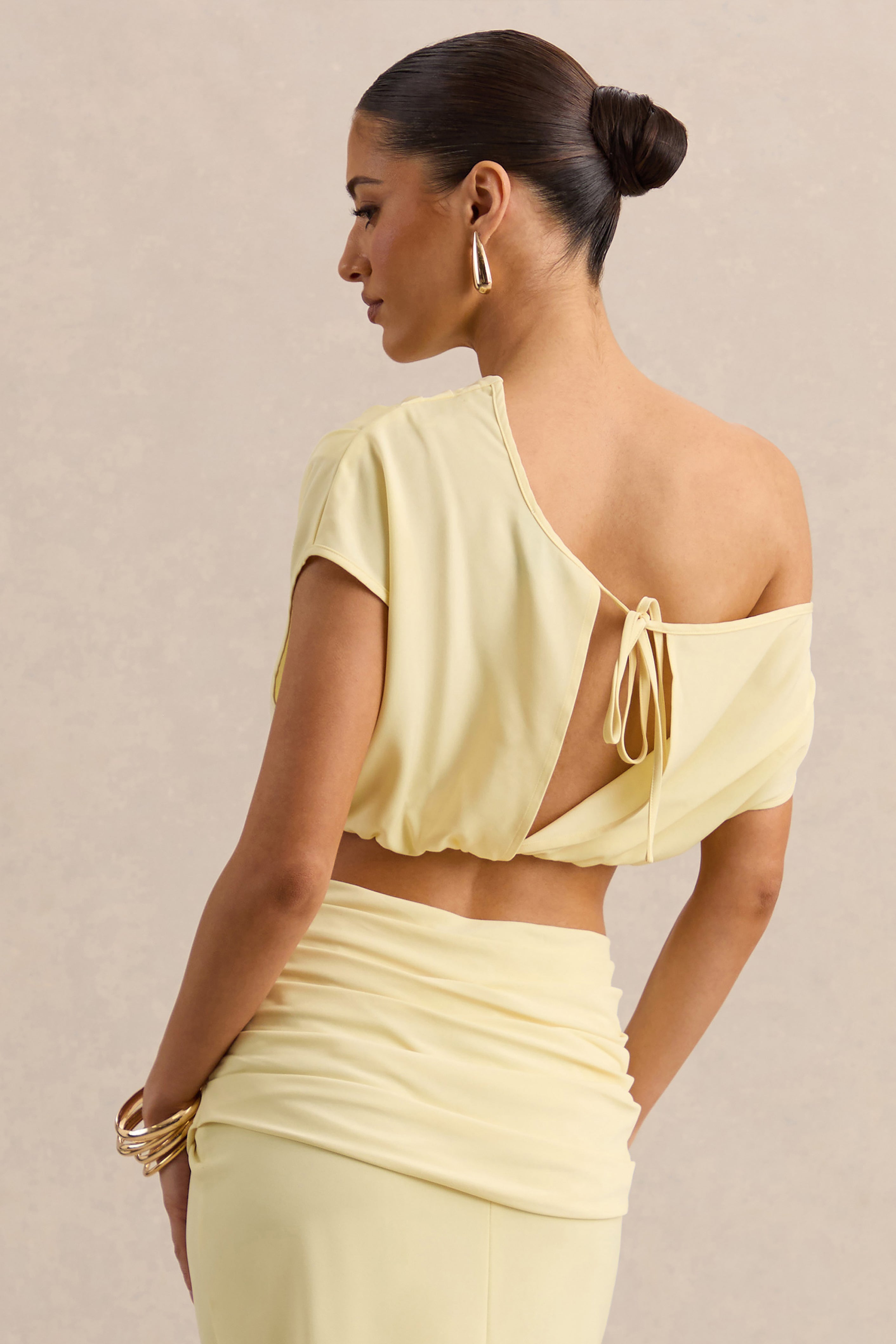 Yaselle | Lemon Satin Asymmetric-Neck Crop-Top – Club L London - USA