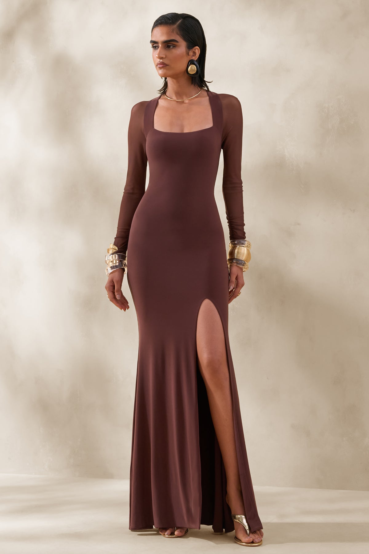 Renalia | Brown Square-Neck Maxi Dress With Mesh Long-Sleeves - UK 6 DARK Brown Renalia | Brown Square-Neck Maxi Dress With Mesh Long-Sleeves - UK 6 DARK Brown