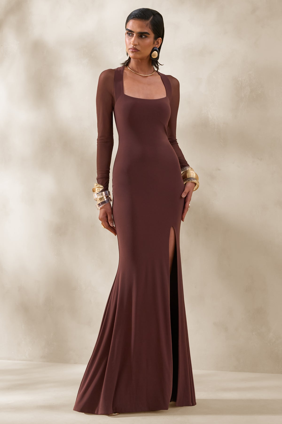 Renalia | Brown Square-Neck Maxi Dress With Mesh Long-Sleeves - UK 6 DARK Brown Renalia | Brown Square-Neck Maxi Dress With Mesh Long-Sleeves - UK 6 DARK Brown