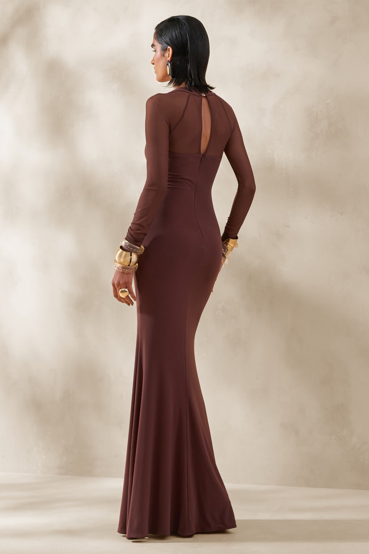 Renalia | Brown Square-Neck Maxi Dress With Mesh Long-Sleeves - UK 6 DARK Brown Renalia | Brown Square-Neck Maxi Dress With Mesh Long-Sleeves - UK 6 DARK Brown
