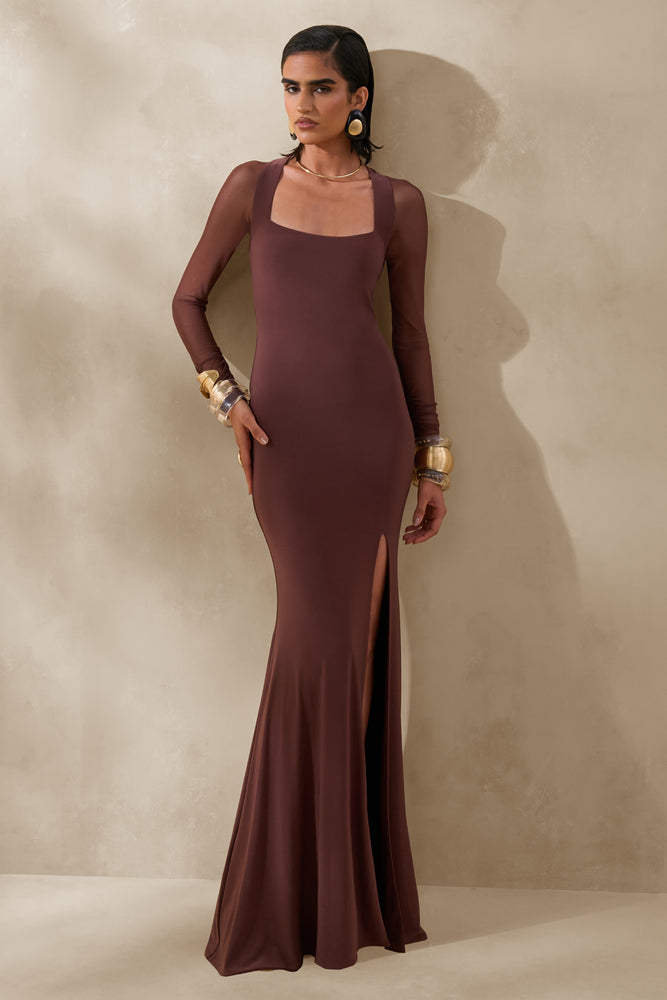 Renalia | Brown Square-Neck Maxi Dress With Mesh Long-Sleeves - UK 6 DARK Brown Renalia | Brown Square-Neck Maxi Dress With Mesh Long-Sleeves - UK 6 DARK Brown