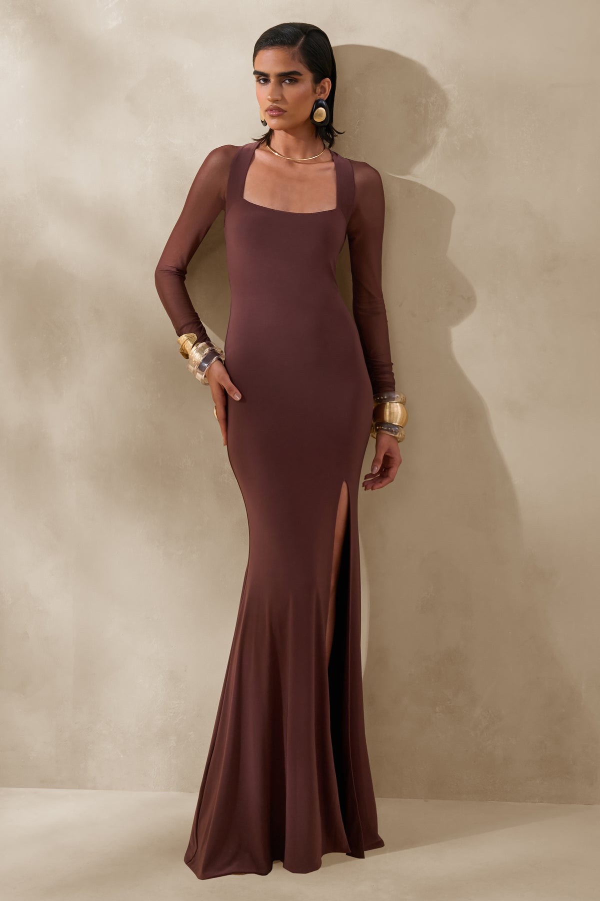 Renalia Brown Square-Neck Maxi Dress With Mesh Long-Sleeves Club L London - USA Renalia Brown Square-Neck Maxi Dress With Mesh Long-Sleeves Club L London - USA