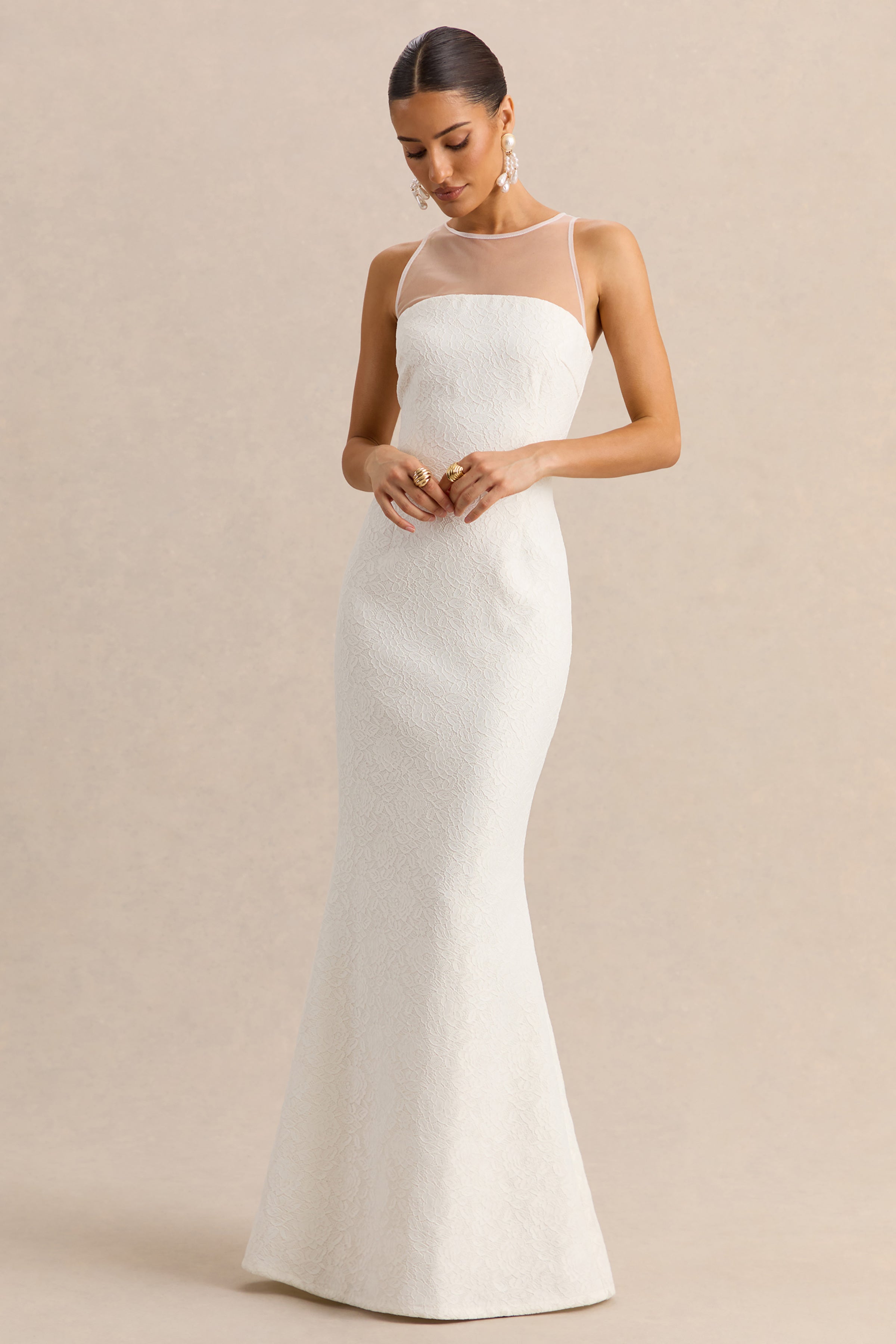 Rosevine | White Lace Round Neck Maxi Dress With Sheer Detailing