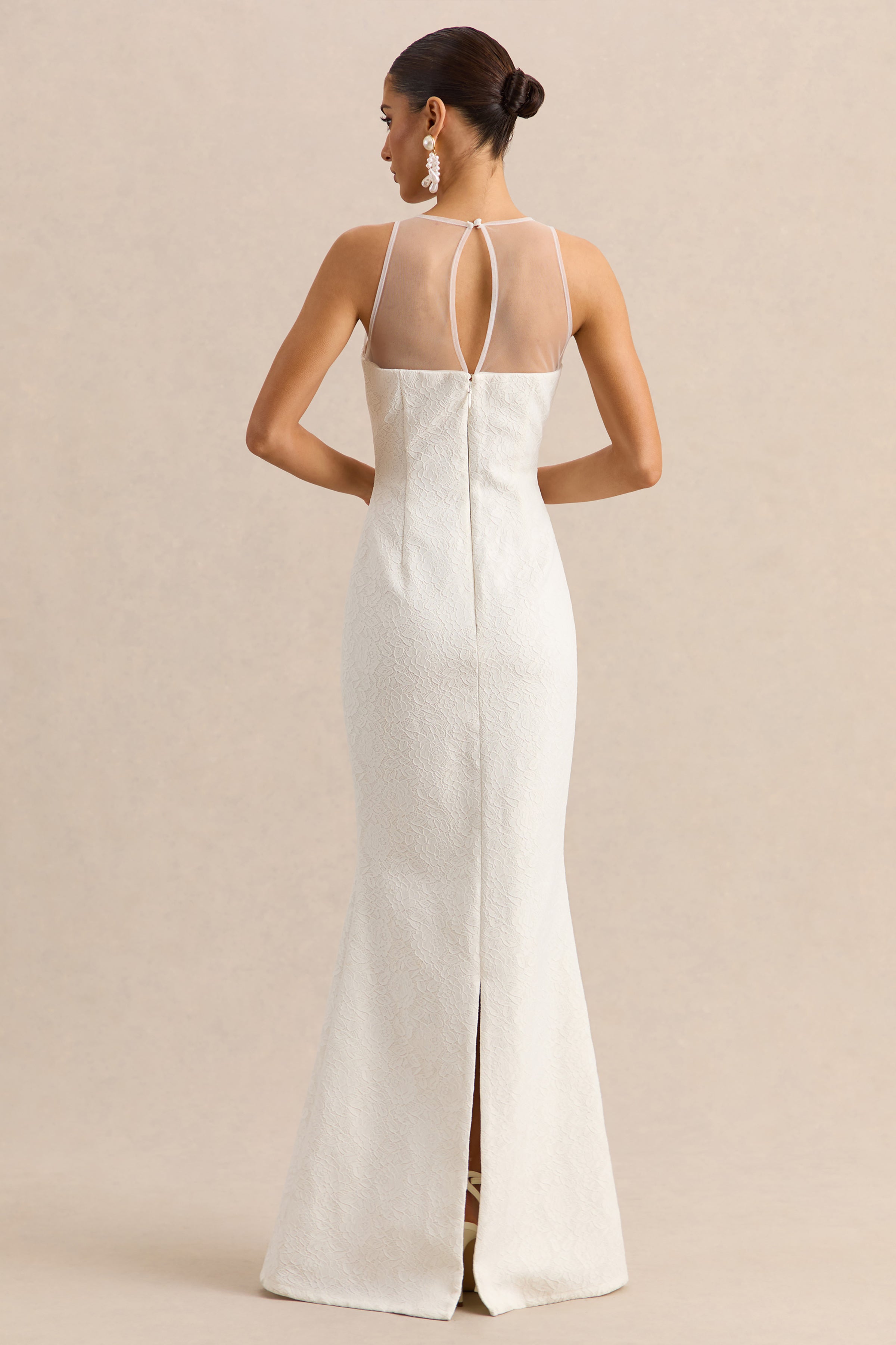 Rosevine | White Lace Crew-Neck Maxi Dress With Mesh Panel – Club