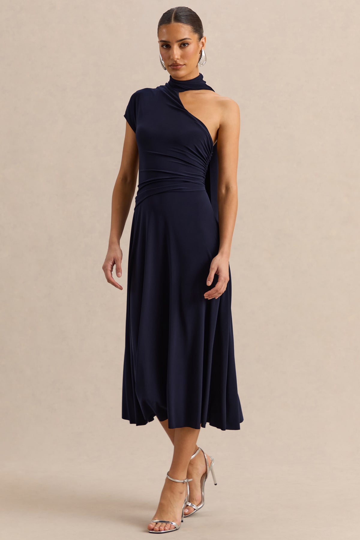 Lythara Navy Asymmetric-Neck Midi Dress With Scarf-Detail  Club L London -  USA