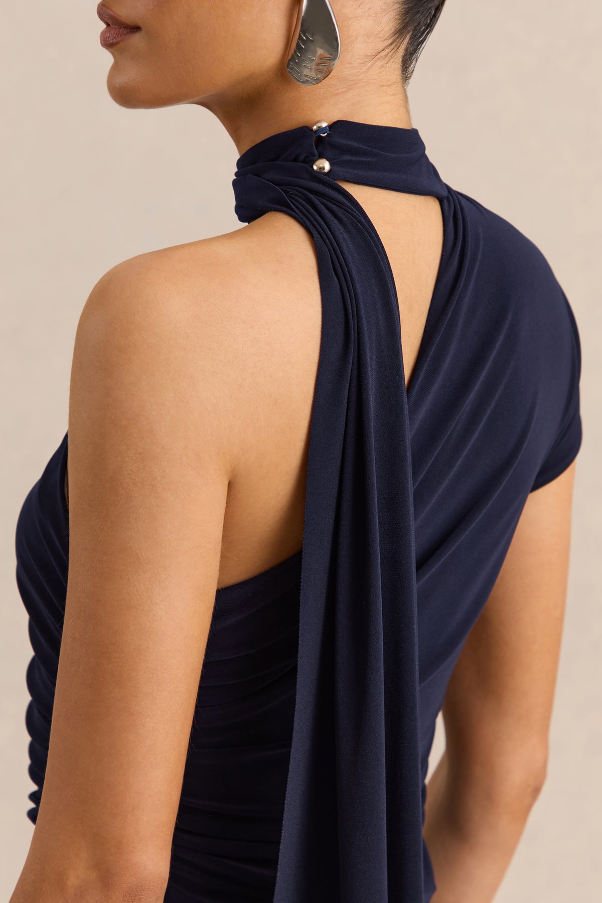 asymmetrical navy dress Lythara Navy Asymmetric-Neck Midi Dress With Scarf-Detail – Club L London