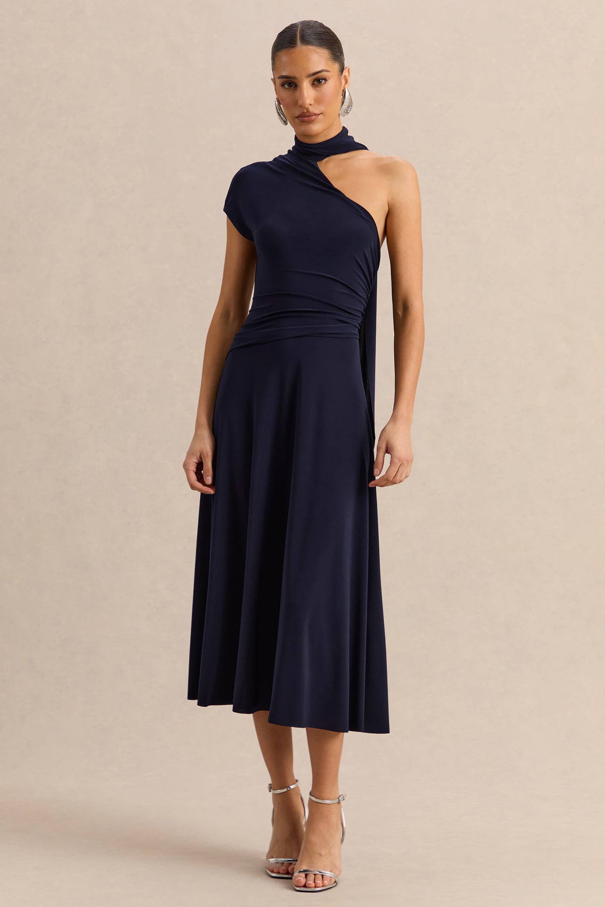 navy blue asymmetrical dress NAVY BLUE ASYMMETRIC DRESS WITH SIDE SLIP