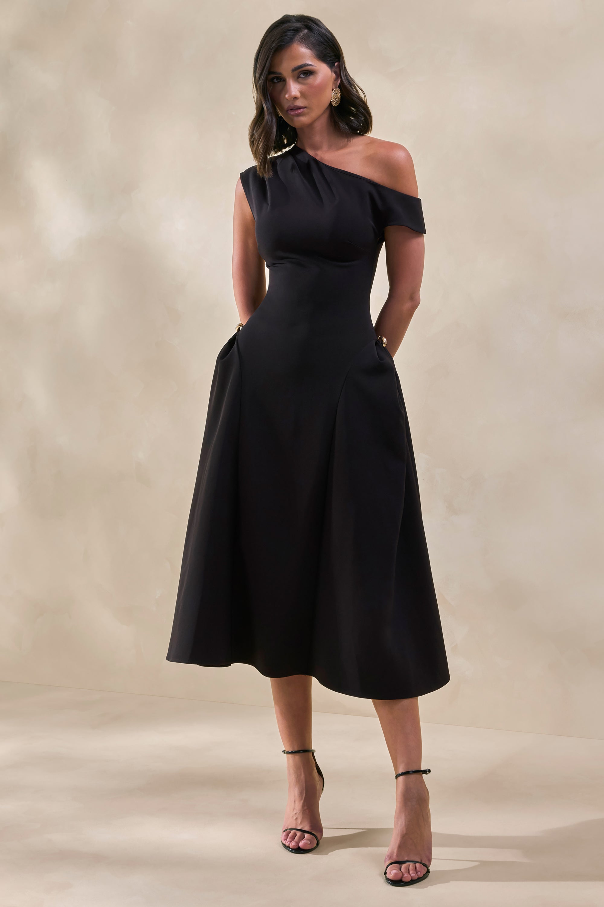 asymmetric neck midi dress US 2 / BLACK