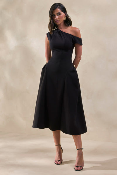 Celosia | Black Asymmetric-Neck Midi Dress With Gold-Detailing – Club L London