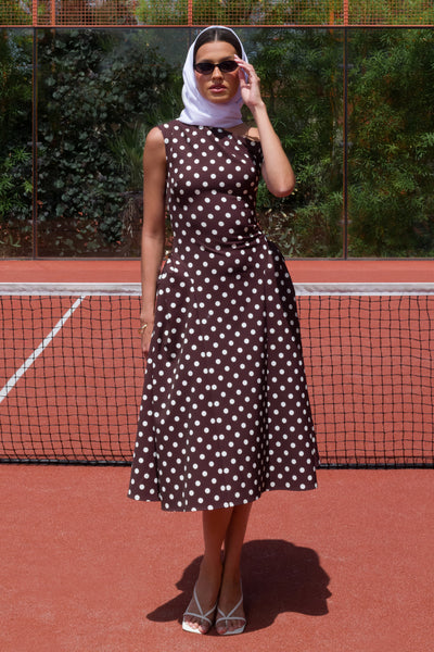 red and black polka dot dress Celosia | Brown Polka-Dot Asymmetric-Neck Midi With Gold-Detailing 50s dress