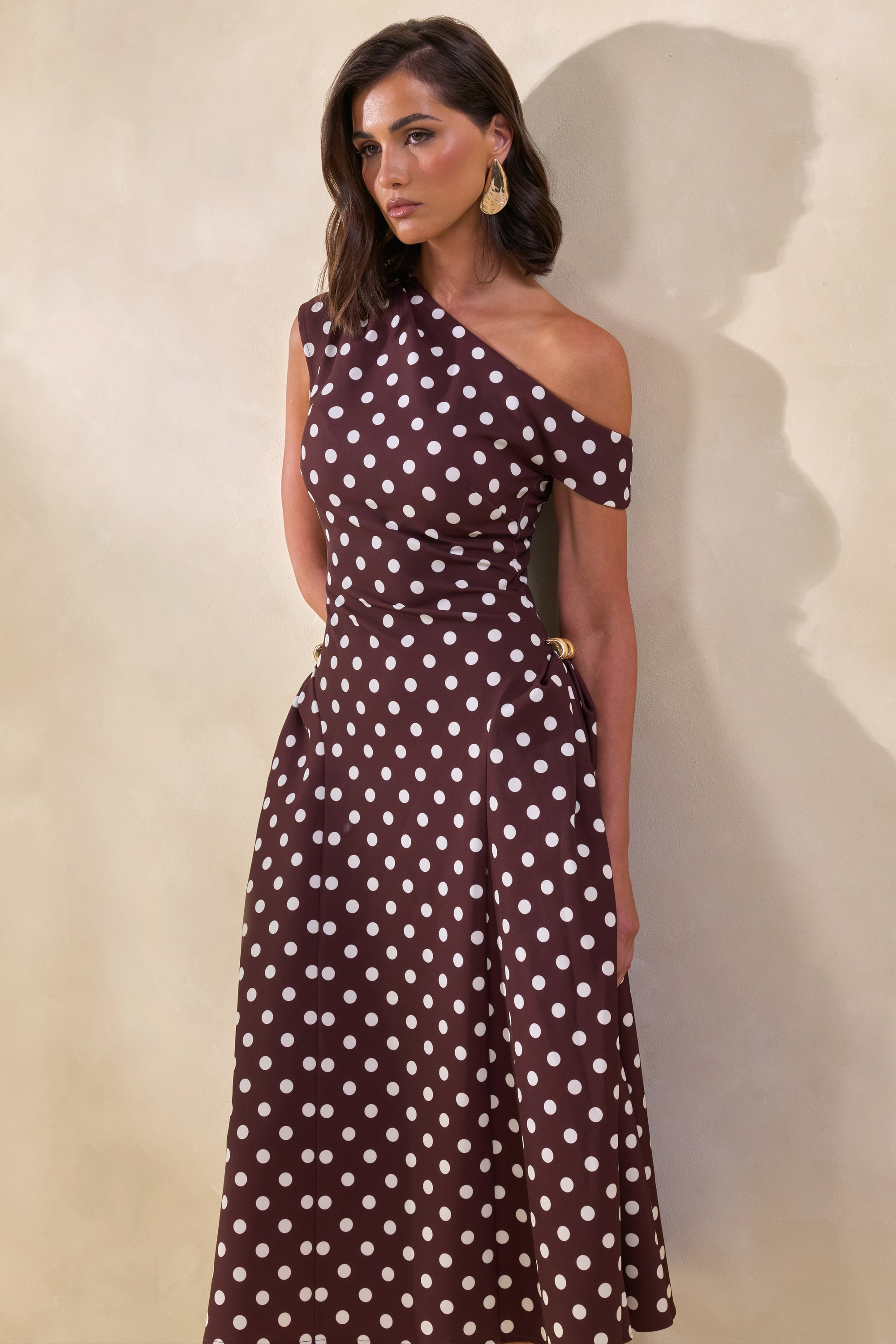 brown polka dot dress midi Second Glance Olga Criss-Cross Back Midi Dress Polka Dot Brown