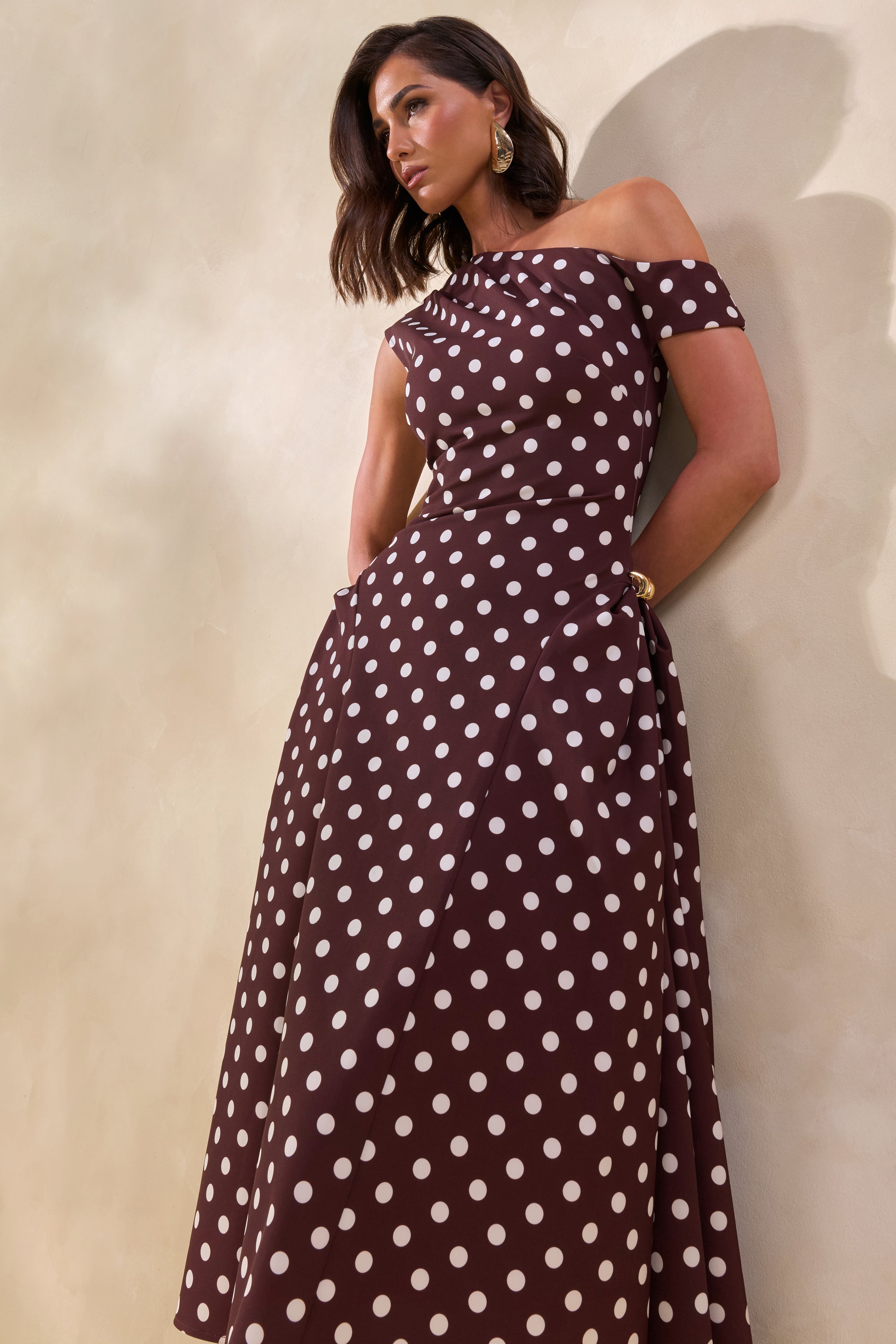 asymmetric polka dot dress Nicoletta White Polka Dot Asymmetrical Maxi Dress, XL / White