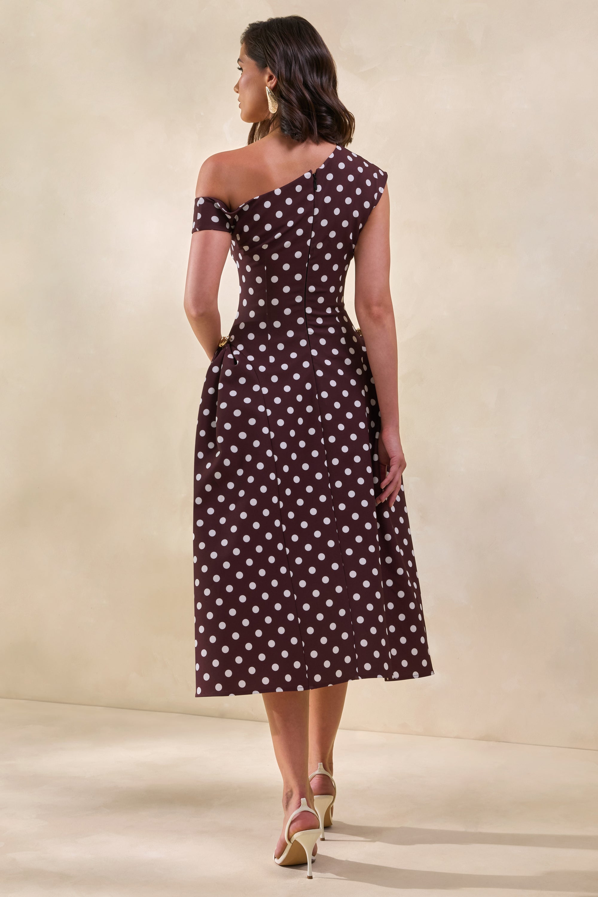 brown polka dot midi dress Celosia | Brown Polka-Dot Asymmetric-Neck Midi Dress With Gold-Detailing