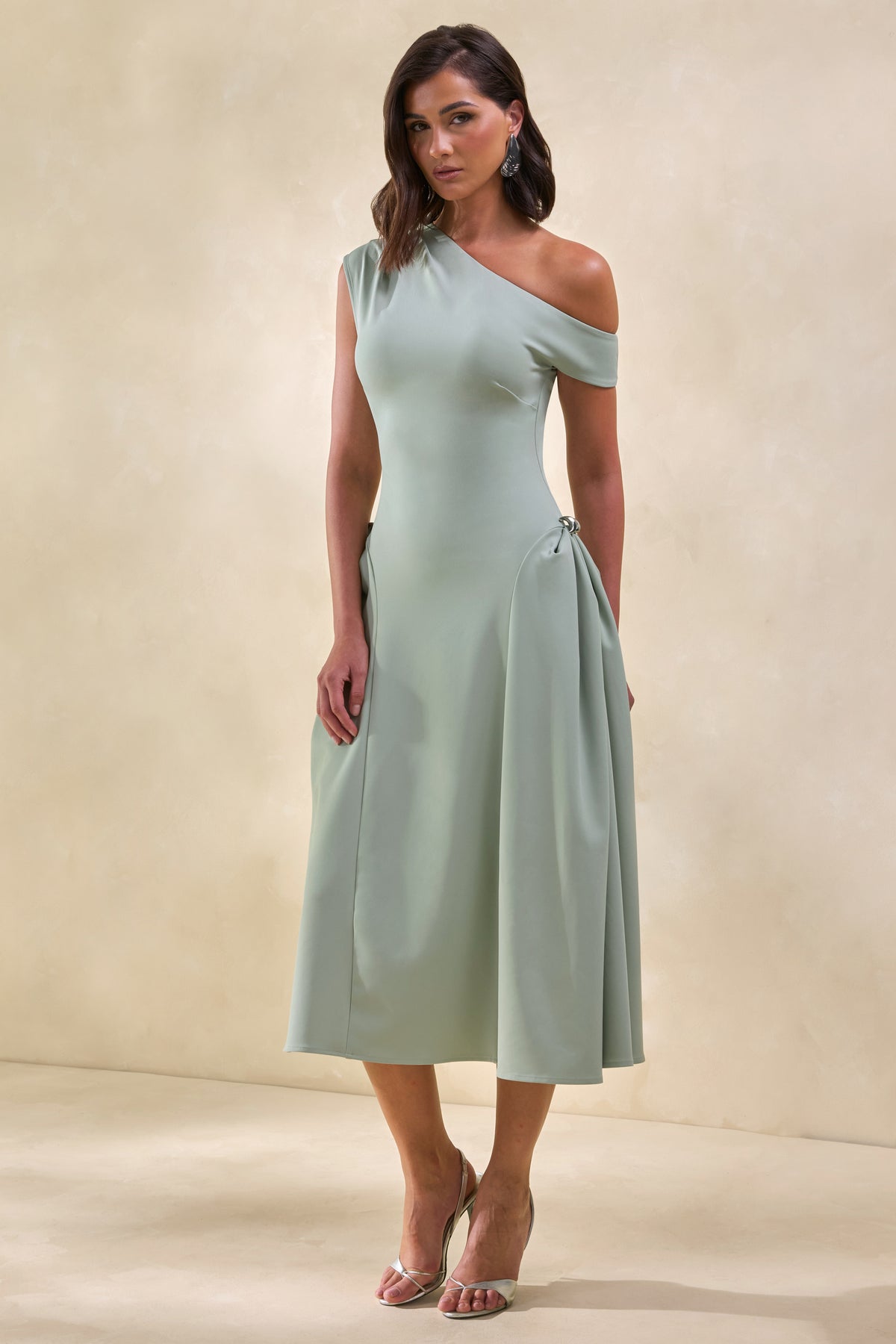 Celosia Sage Asymmetric-Neck Midi Dress With Silver Detailing – Club L  London