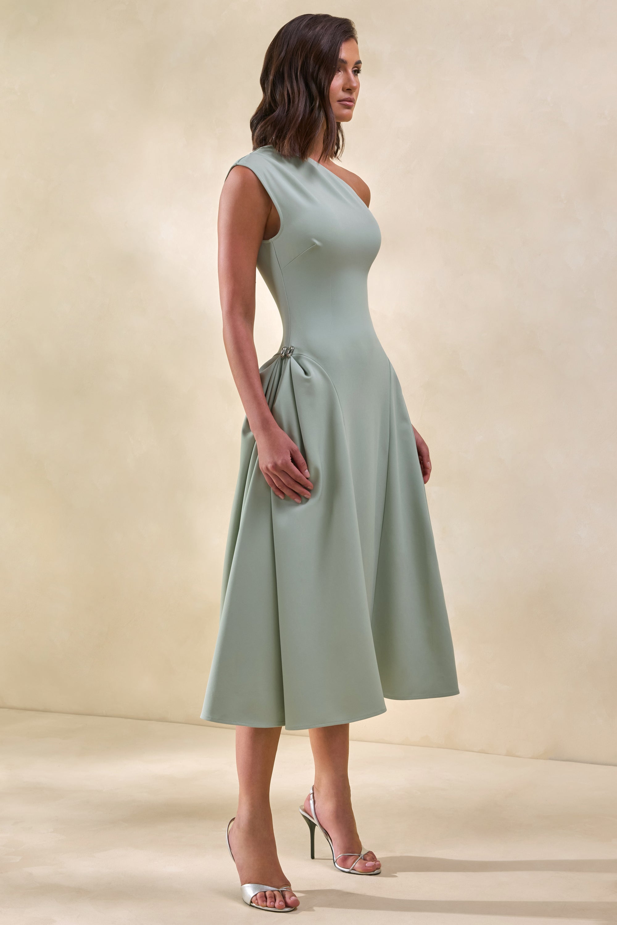 silver sage green dress Azazie Emerson