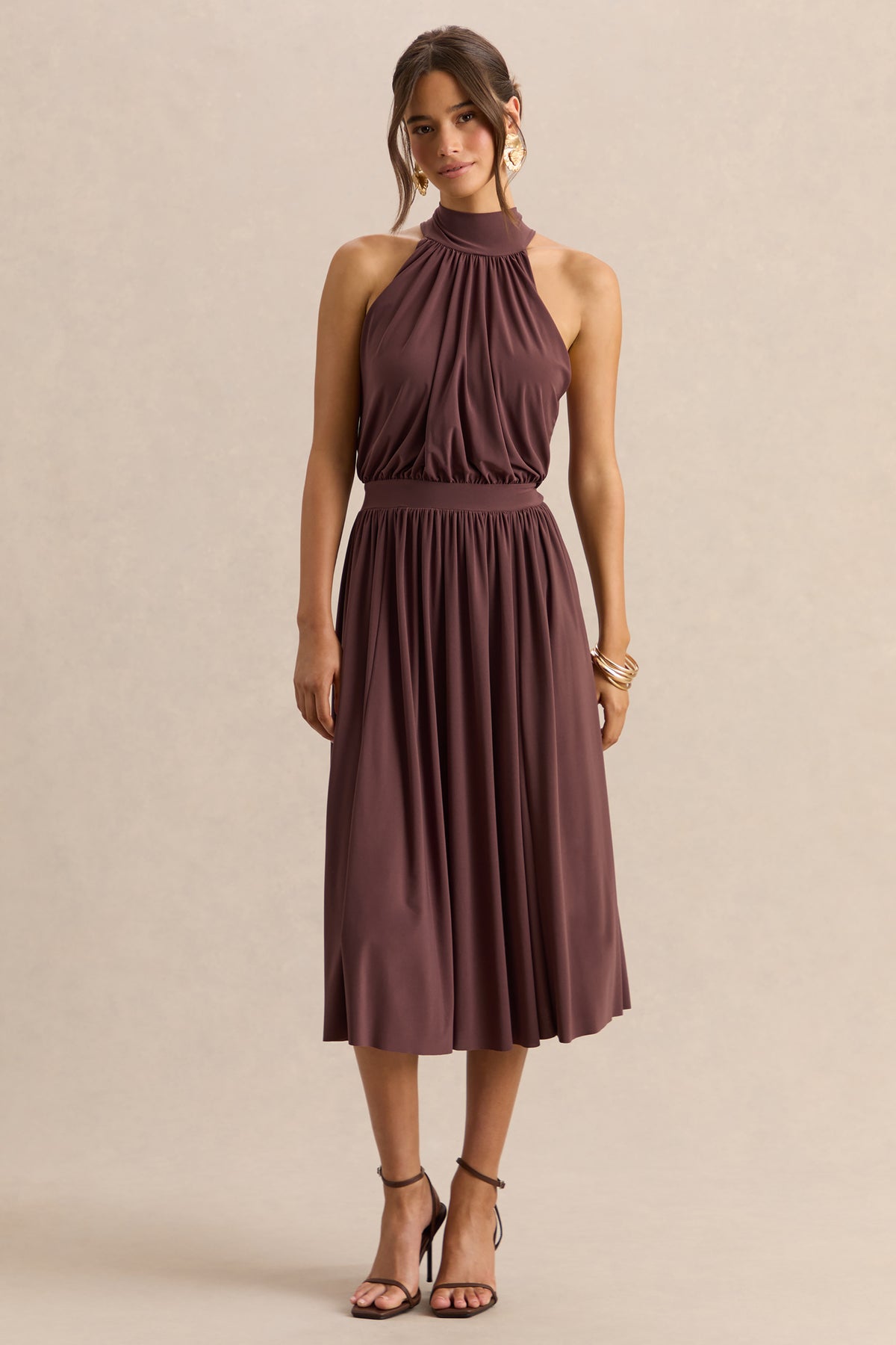 Hedira Brown High-Neck Midi Dress – Club L London