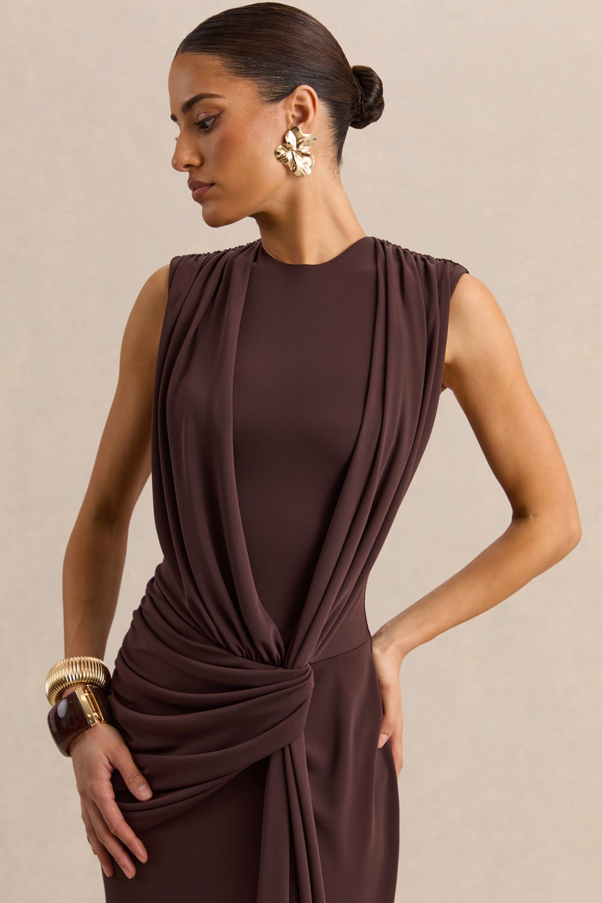 Blythia | Brown Round-Neck Maxi Dress With Gathered-Detailing