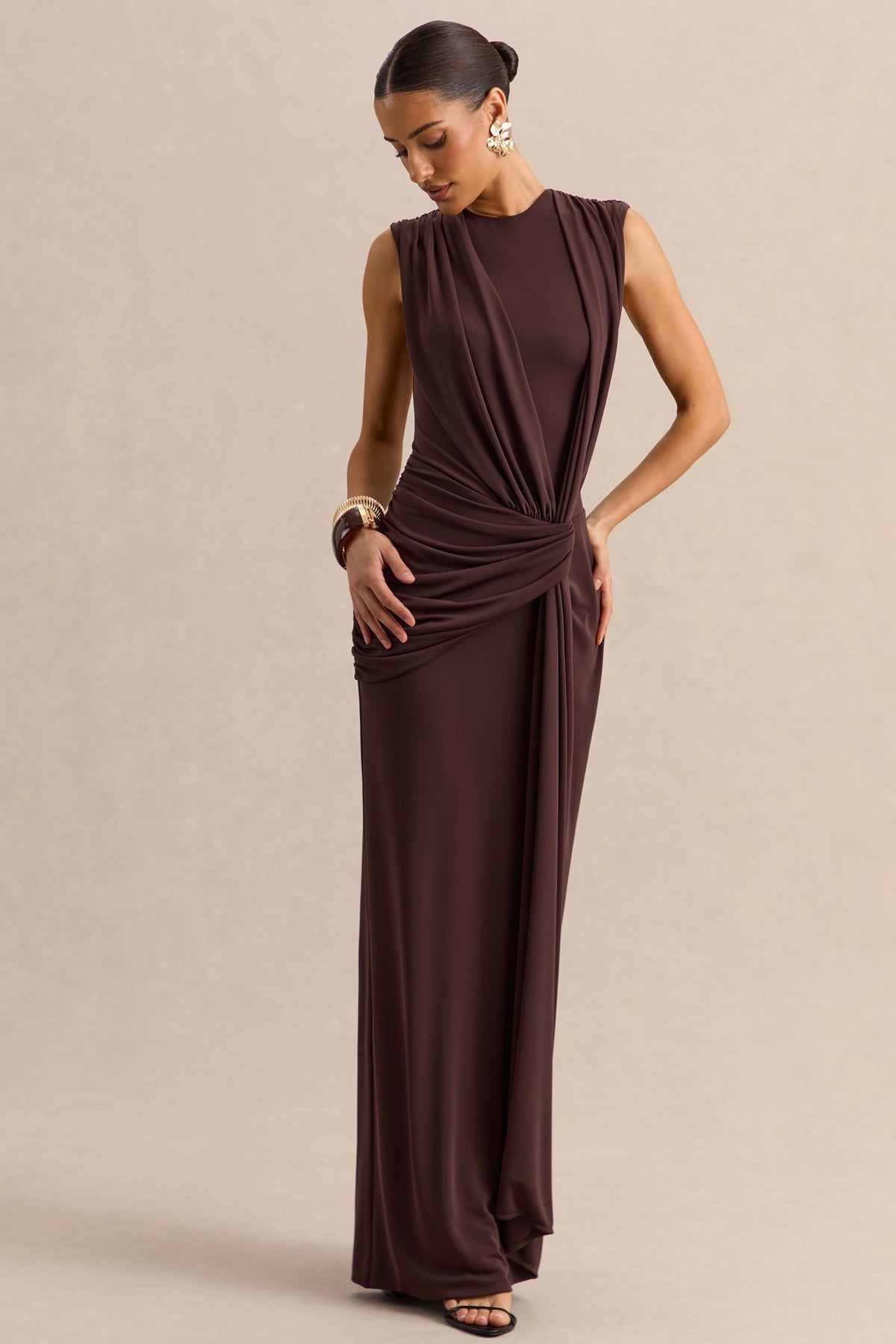 chinese dress ladies Blythia Brown Round-Neck Maxi Dress With Gathered-Detailing – Club L London