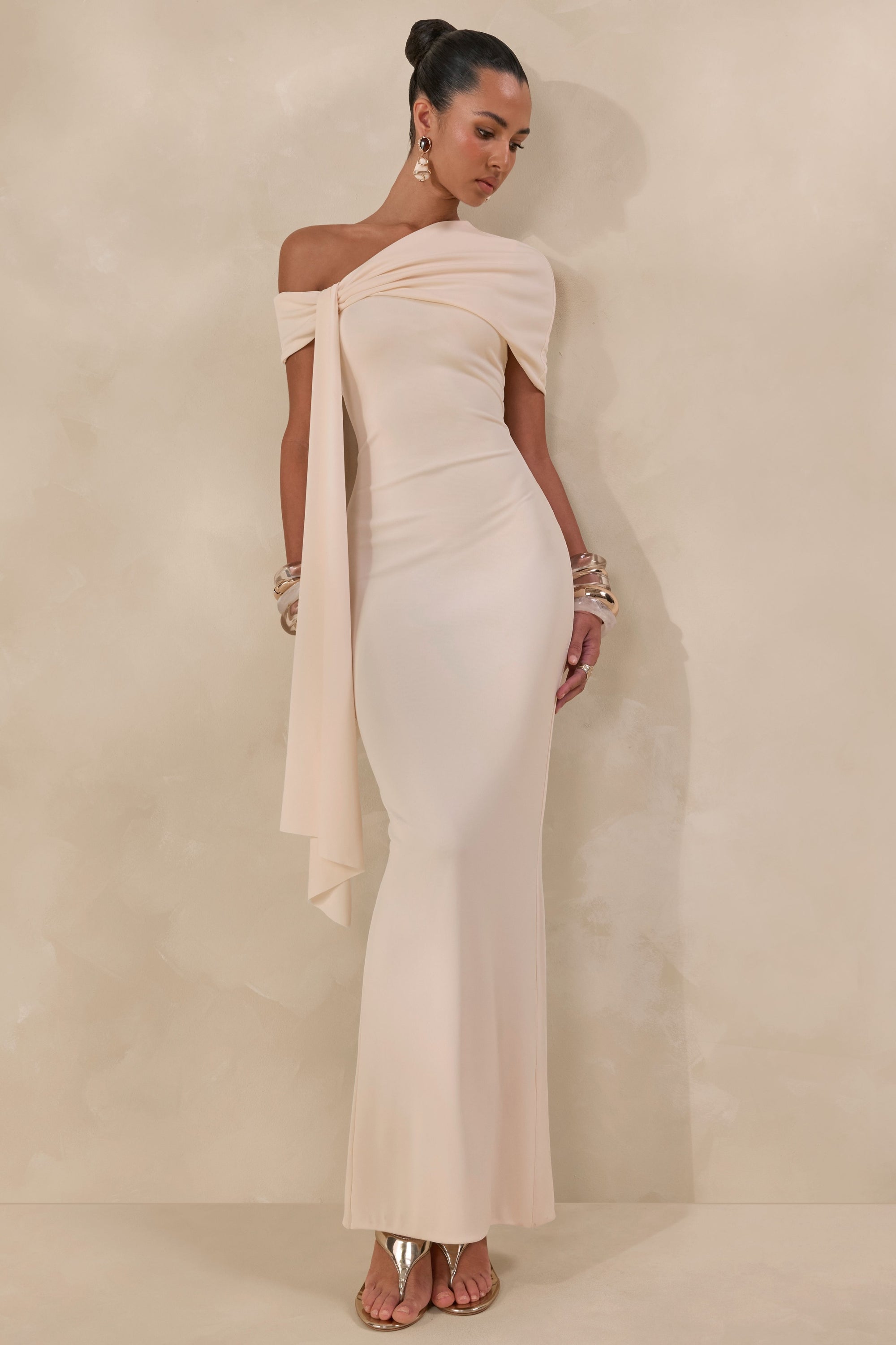 Esalina | Cream Asymmetric-Neck Maxi Dress With Sash