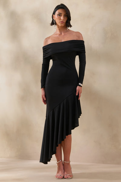 black high neck asymmetric embroidered trim maxi dress Goldara | Bardot-Neck With Ruffled Asymmetric-Hem shirring Size:34/36 84% Rayon Women's Elegant Polka Dot