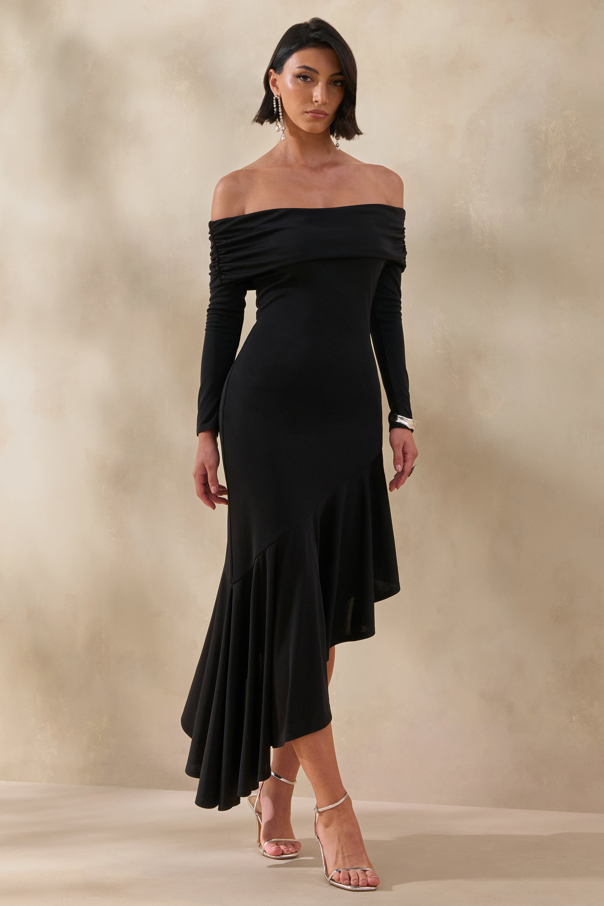 black high neck asymmetric embroidered trim maxi dress Goldara | Black Bardot-Neck Maxi Dress With Ruffled Asymmetric-Hem
