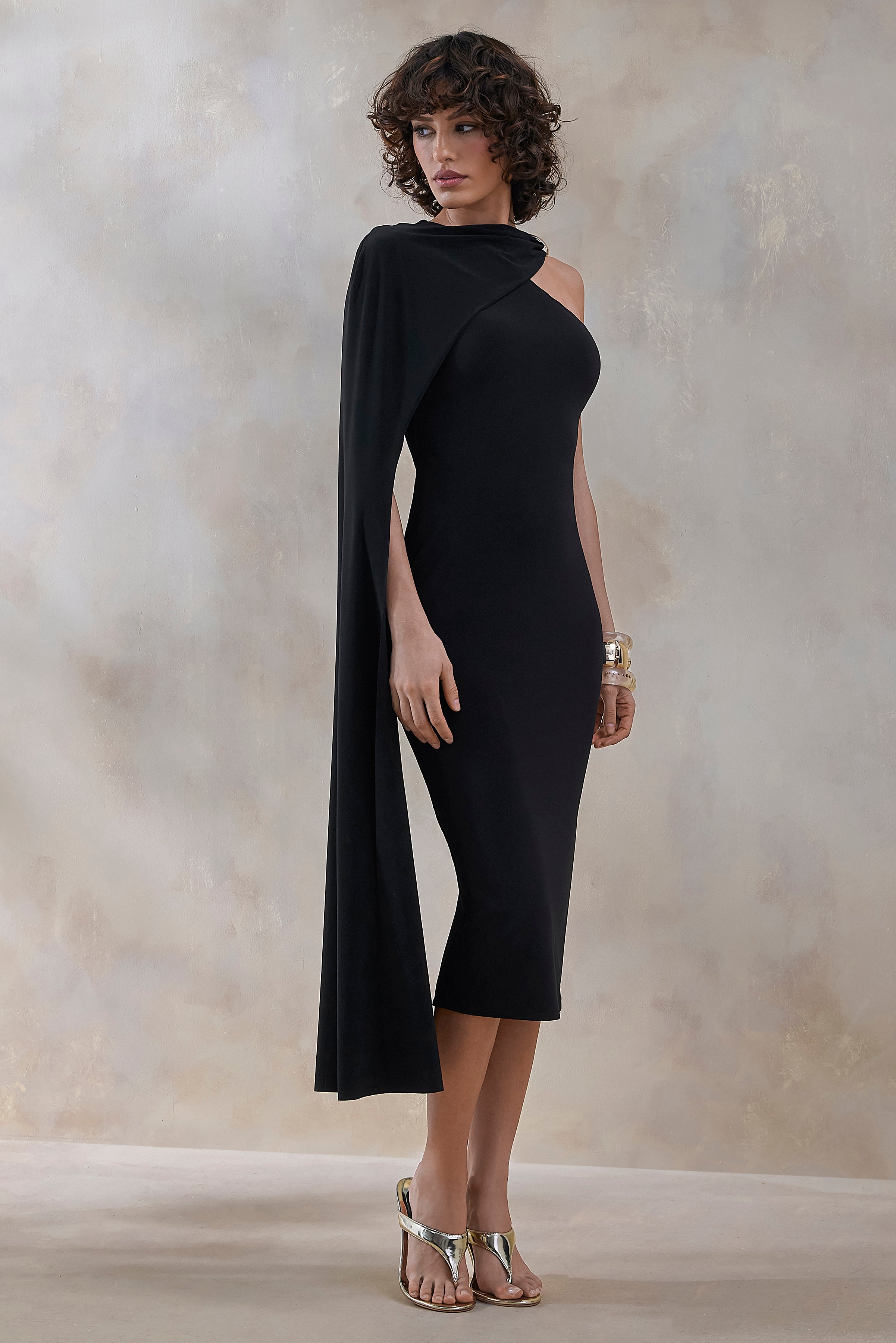 Misoria | Black High-Neck Midi-Dress With Cape-Sleeve – Club L