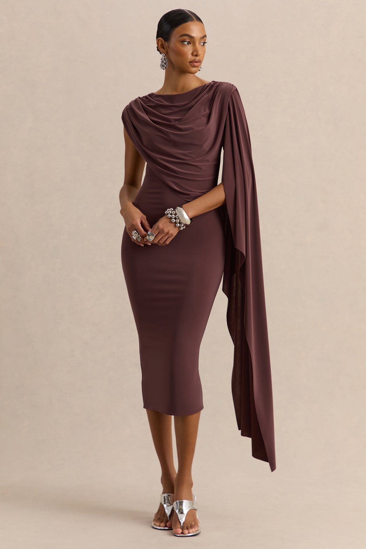 round neck long sleeve midi dress Kamoria | Brown Round-Neck Midi Dress With Cape-Sleeve