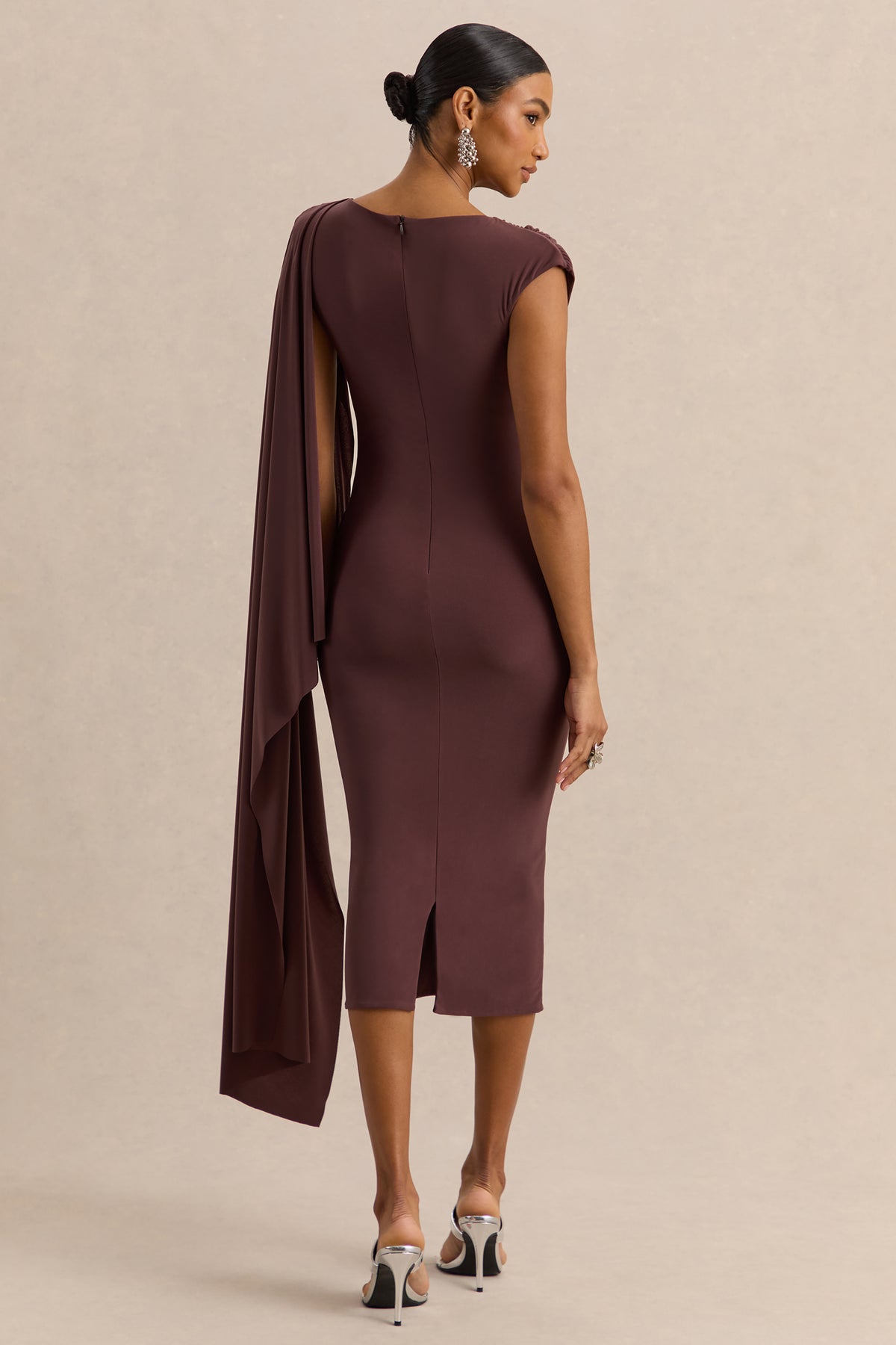 Kamoria Brown Round-Neck Midi Dress With Cape-Sleeve  Club L London - USA