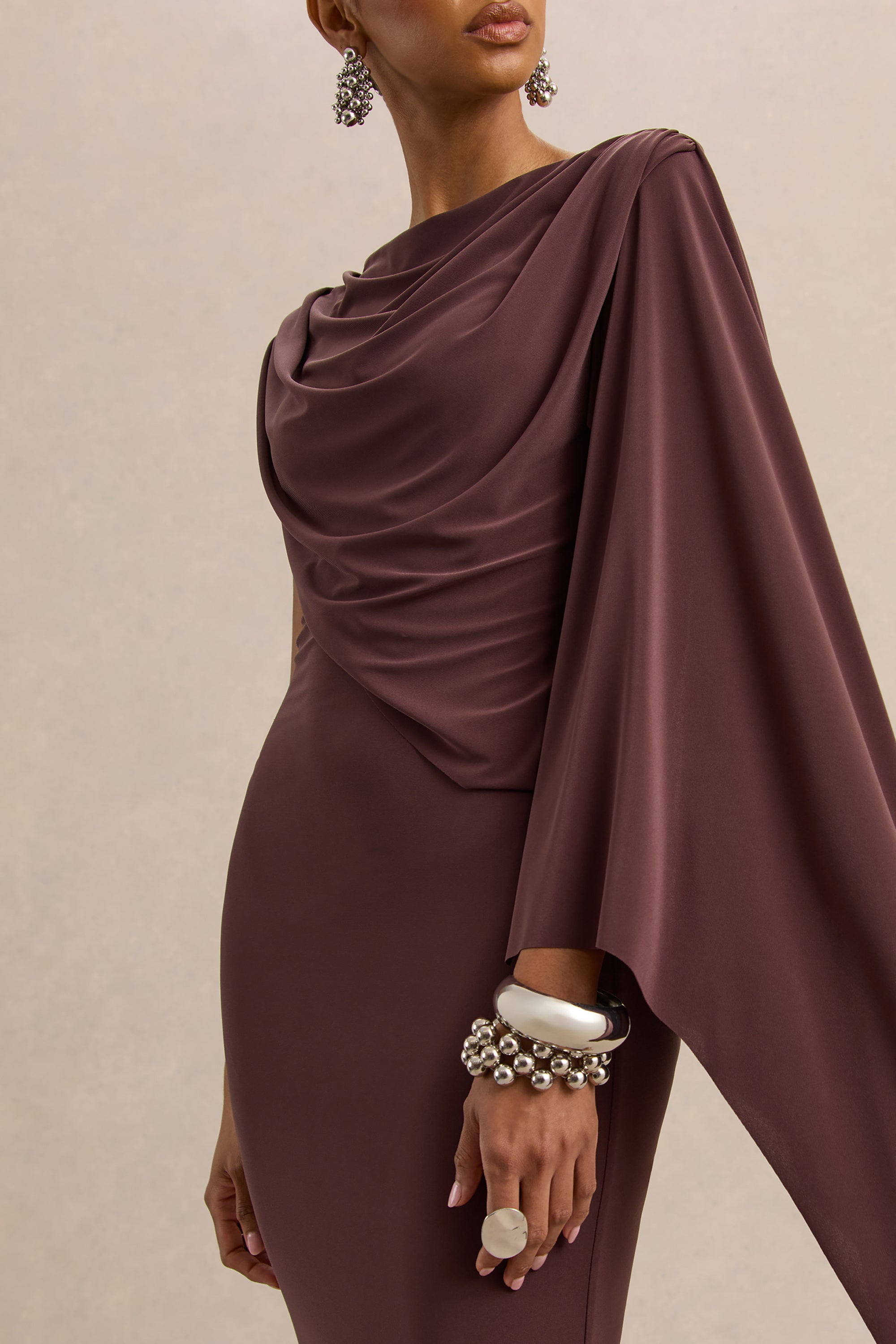 brown cape dress Izel Cape Gown