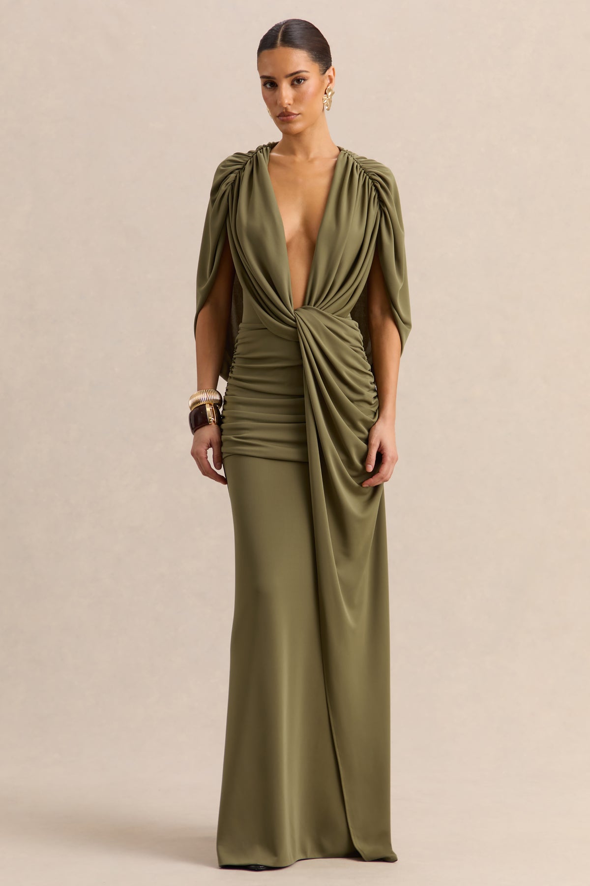 Marisea Green Plunge-Neck Maxi Dress With Cape-Sleeves Club L London - USA Marisea Green Plunge-Neck Maxi Dress With Cape-Sleeves Club L London - USA
