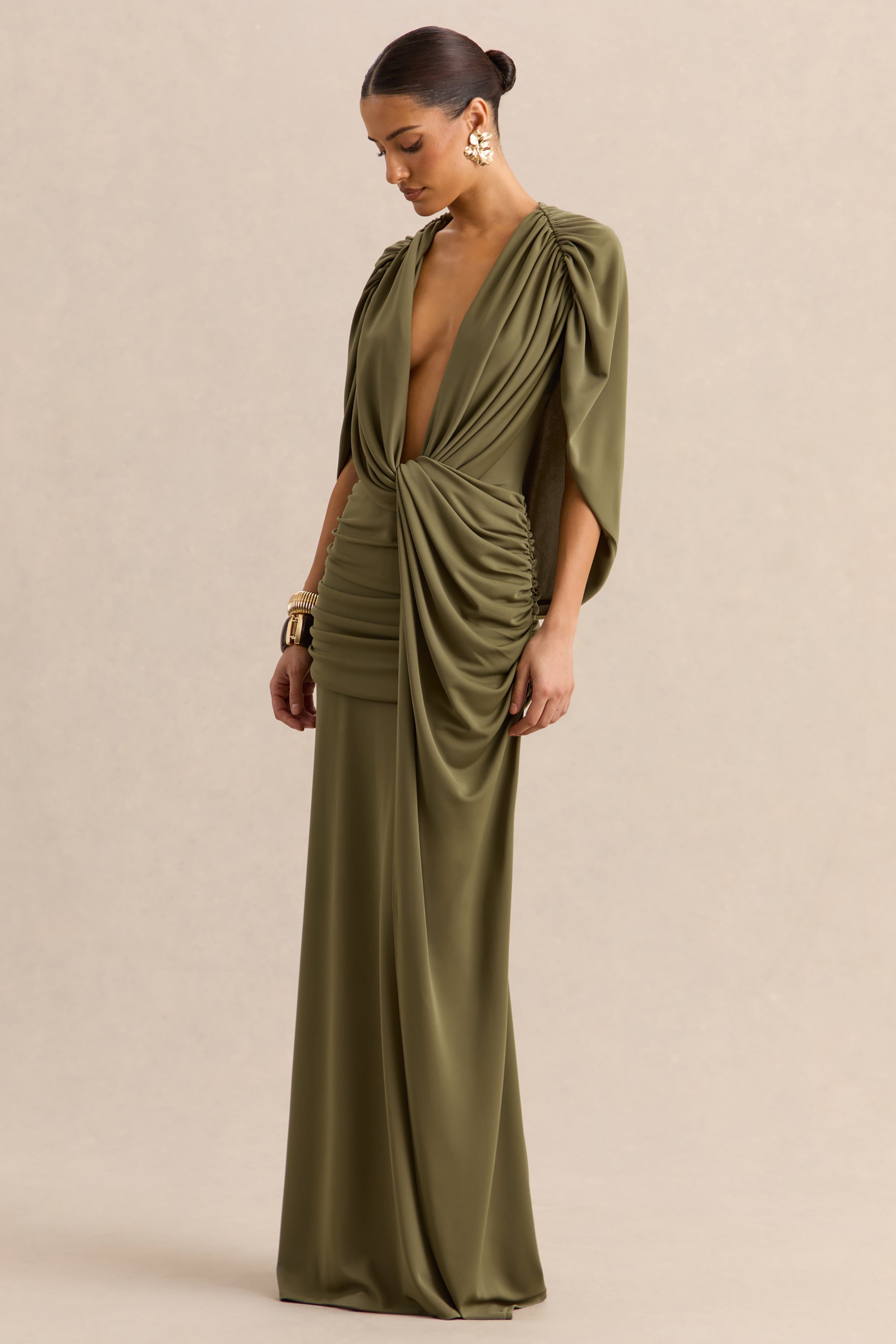 green plunge maxi dress ASOS DESIGN super plunge draped front maxi dress in green