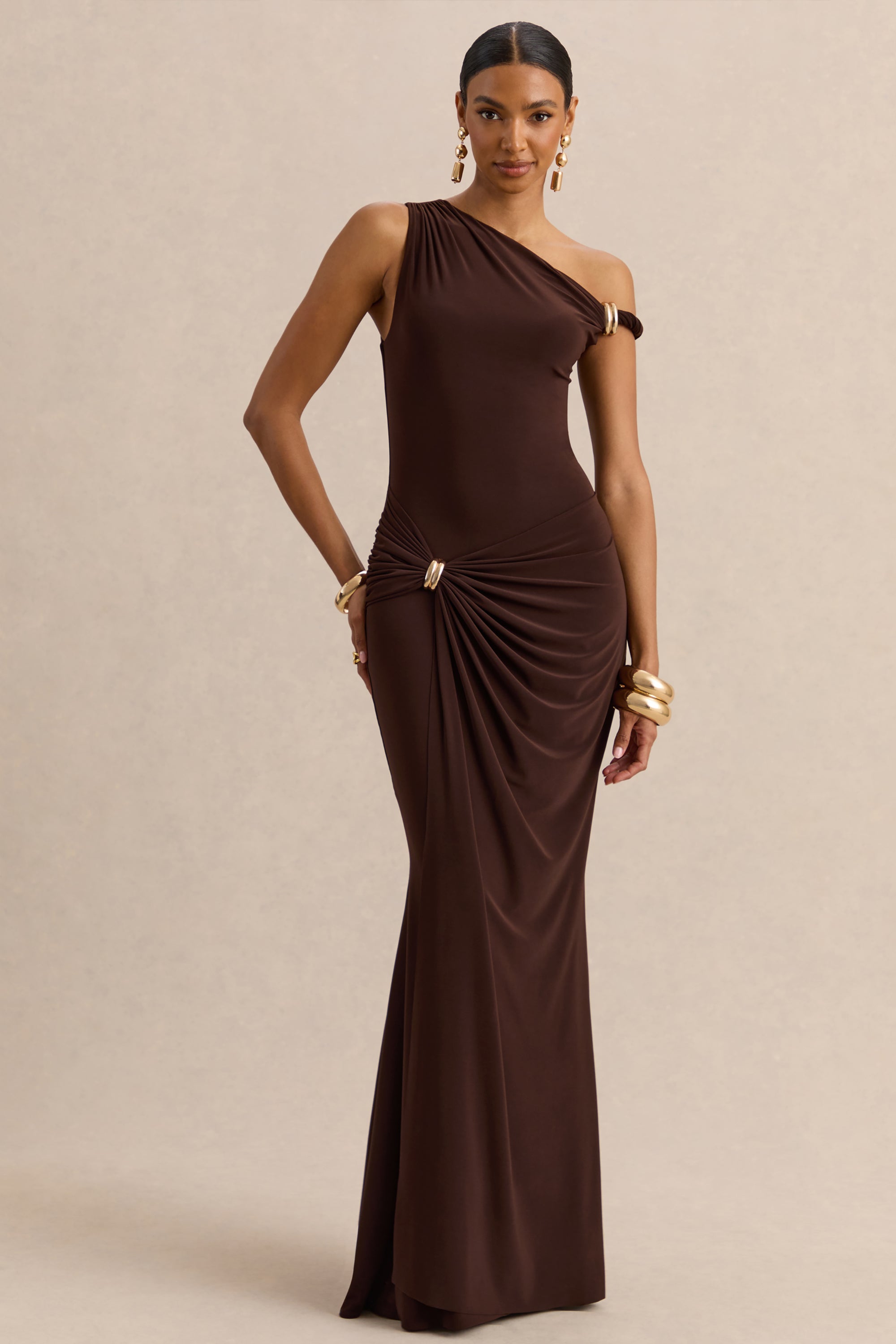 nilsa dress in brown & beige multi l'academie L'academie Long Sleeve Dresses