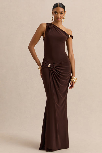 brown gold dress Caelia | Asymmetric-Neck Maxi With Gold-Detailing And Sash line silhouette gracefully flatters Color:Black+Red Lining As Picture Made for Magic Teal 8% ELASTANE