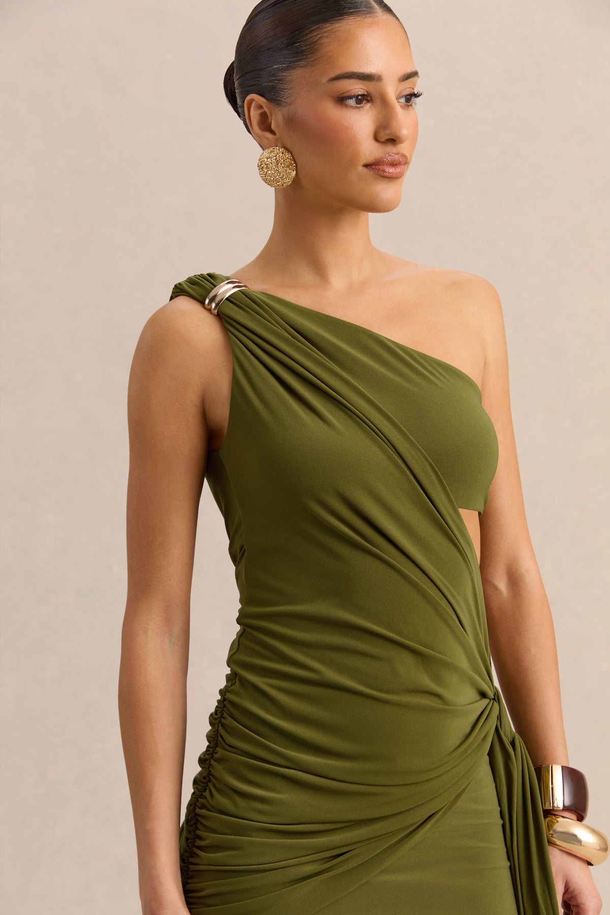 Clarosia | Green Asymmetric-Neck Maxi Dress With Cut-Out With Sash - UK 10 Green Clarosia | Green Asymmetric-Neck Maxi Dress With Cut-Out With Sash - UK 10 Green