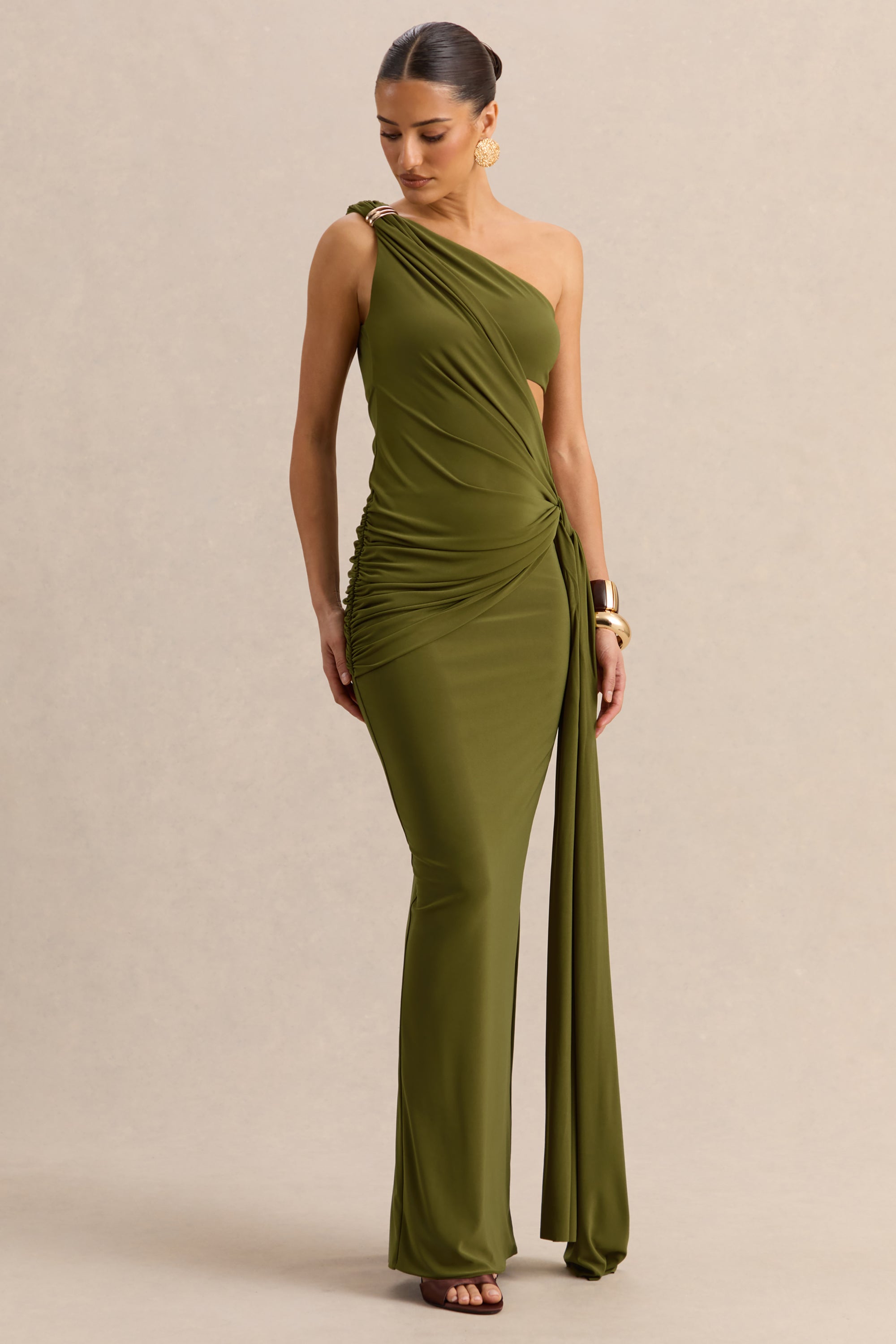green maxi dress nearby Women's Poetic Charm Olive Green Asymmetric One Shoulder Maxi Dress | Size: S