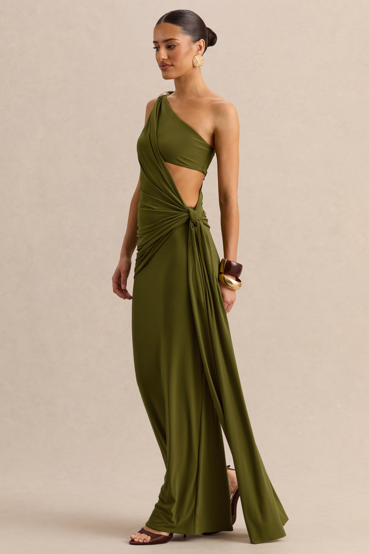Clarosia | Green Asymmetric-Neck Maxi Dress With Cut-Out With Sash - UK 10 Green Clarosia | Green Asymmetric-Neck Maxi Dress With Cut-Out With Sash - UK 10 Green