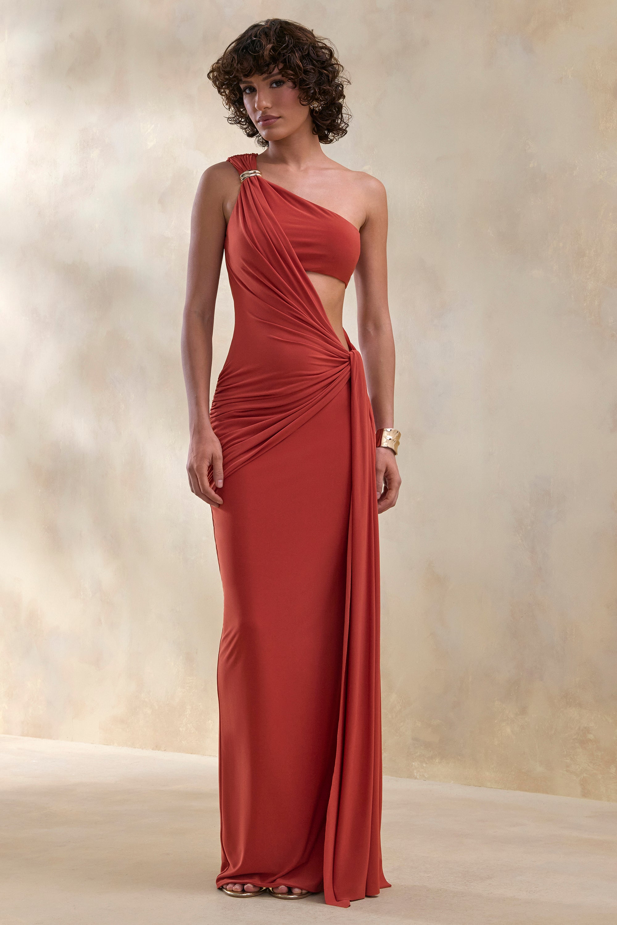 Clarosia | RUST Asymmetric-Neck Maxi Dress With Cut-Out With Sash