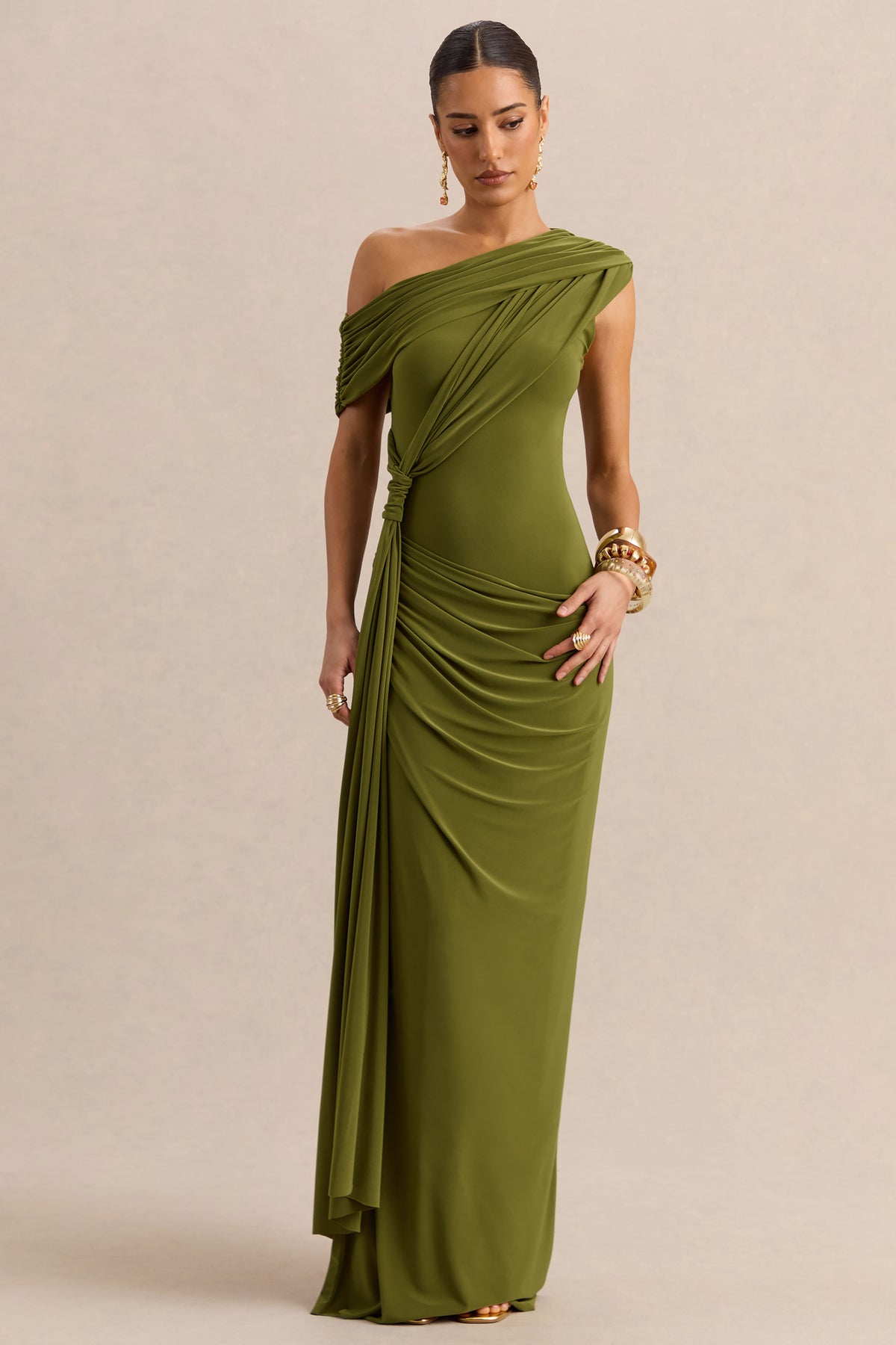 Avialee Green Asymmetric-Neck Maxi Dress With Gathered-Detailing And Club L London - USA Avialee Green Asymmetric-Neck Maxi Dress With Gathered-Detailing And Club L London - USA