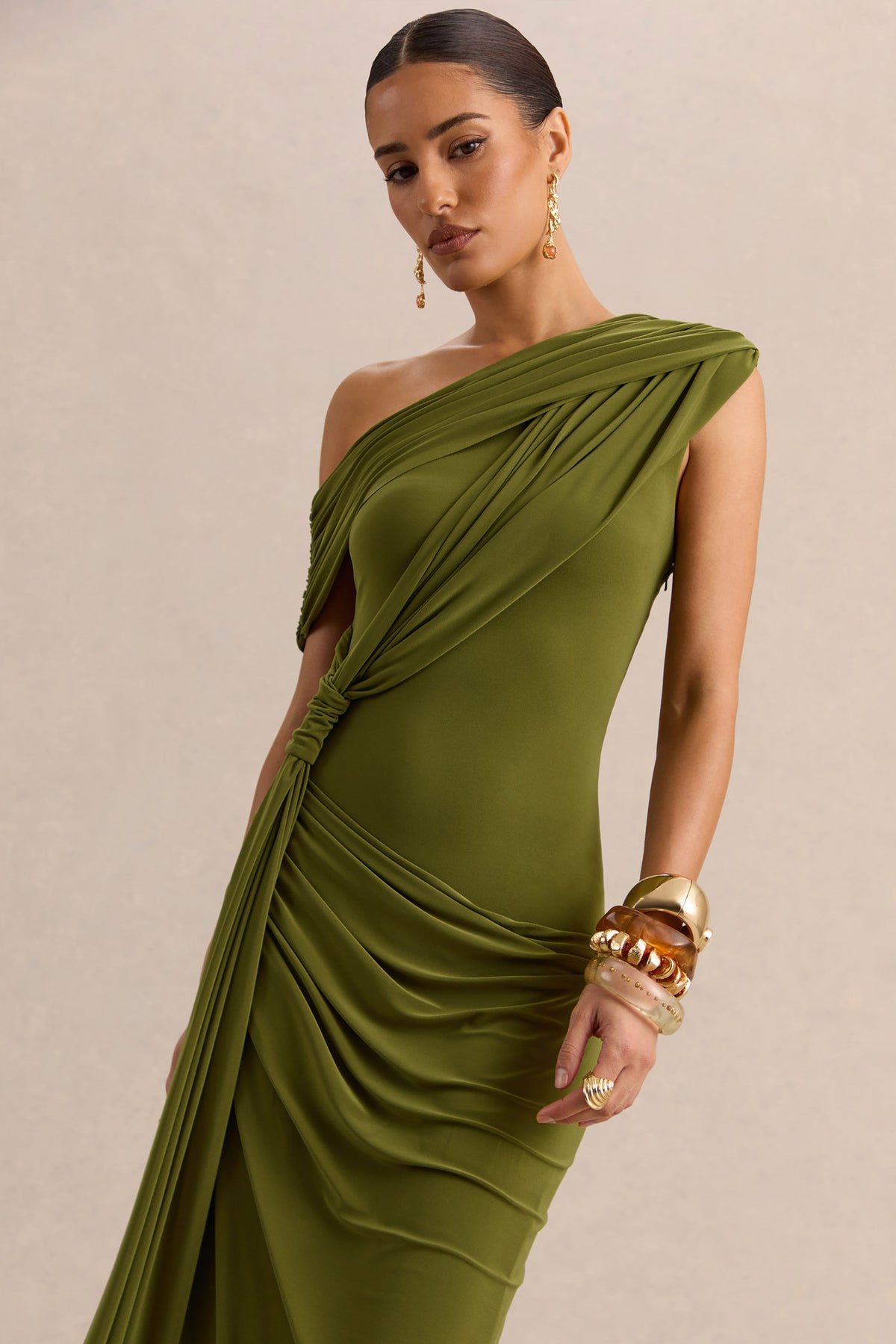 Avialee Green Asymmetric-Neck Maxi Dress With Gathered-Detailing And – Club  L London