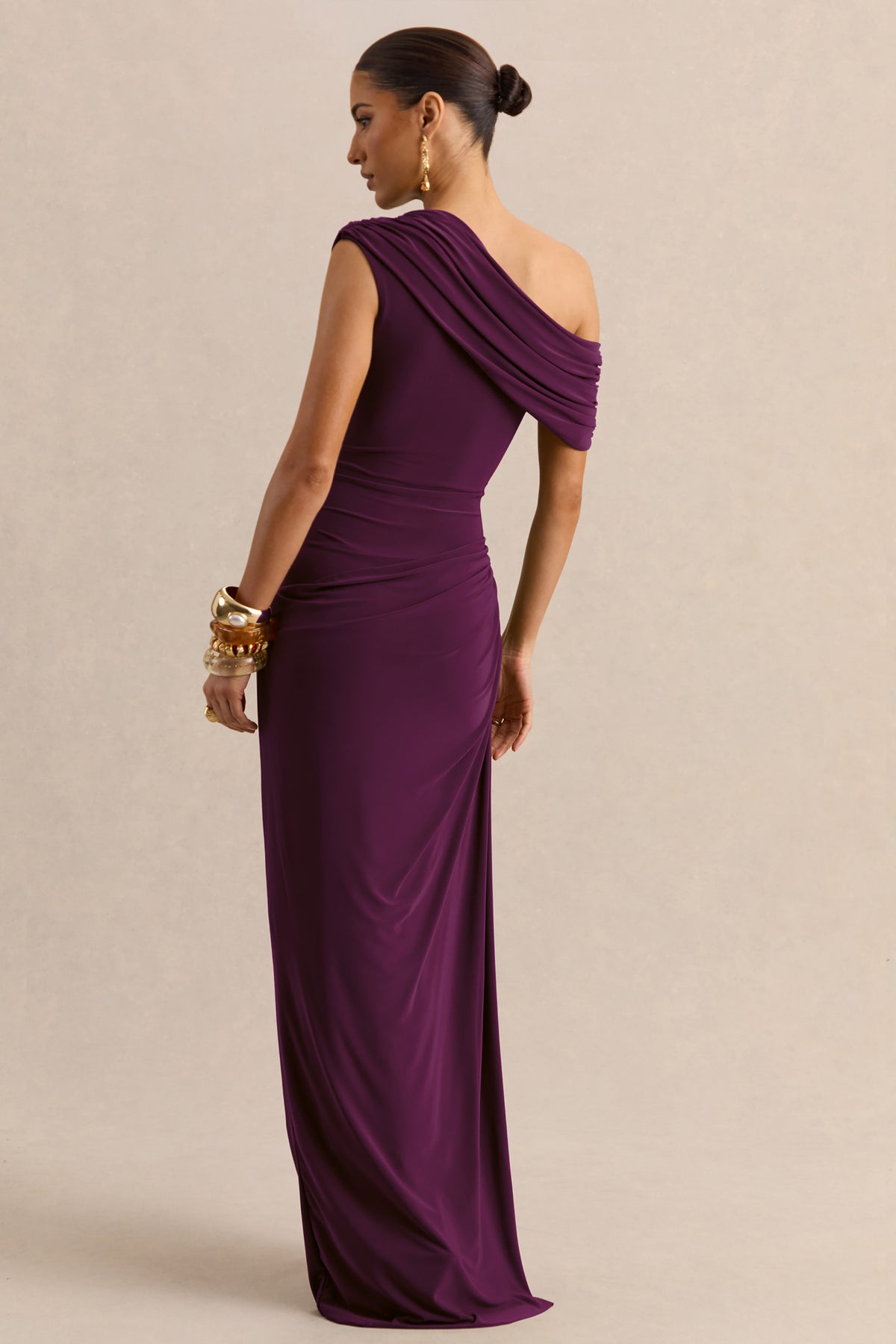 Avialee Dark Plum Asymmetric-Neck Maxi Dress With Gathered-Detailing – Club  L London