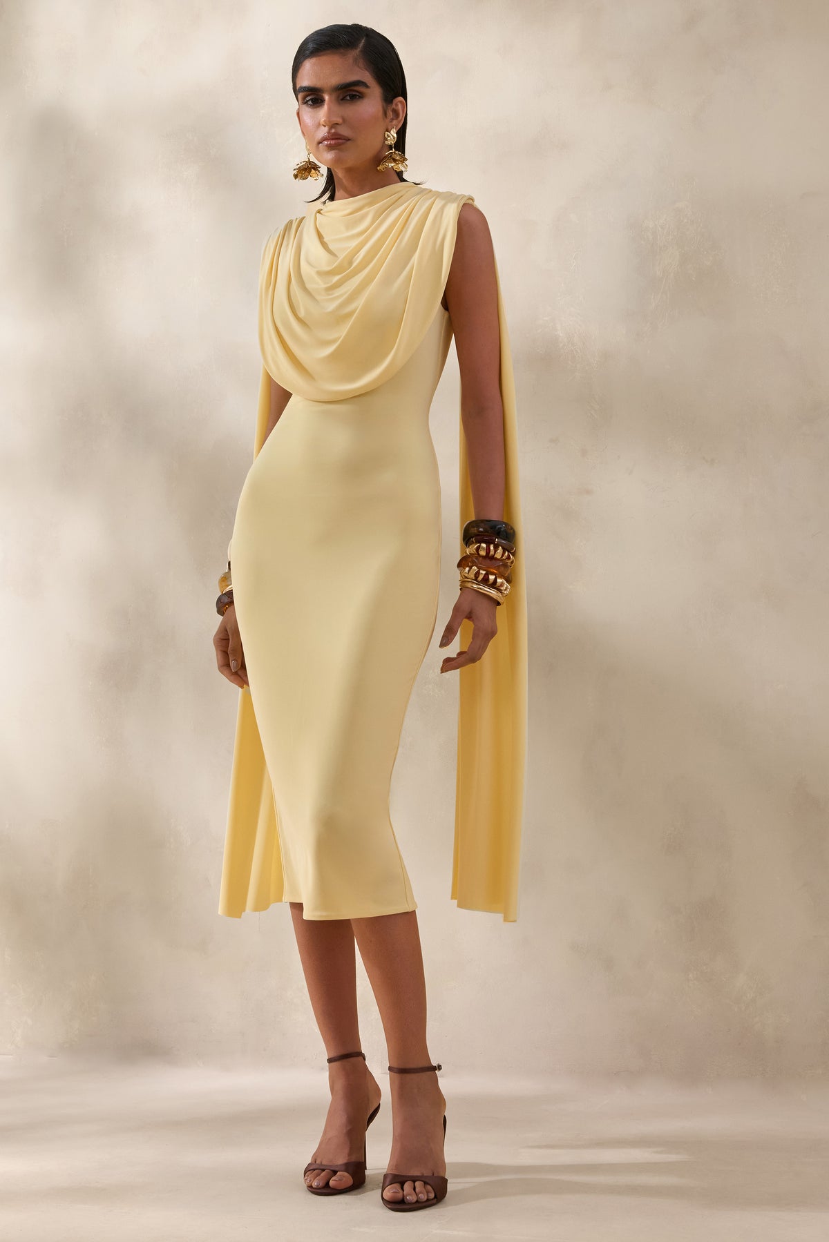 knee length dresses for ladies Lysandria Lemon High-Neck Midi Dress With Draped-Detailing – Club L London